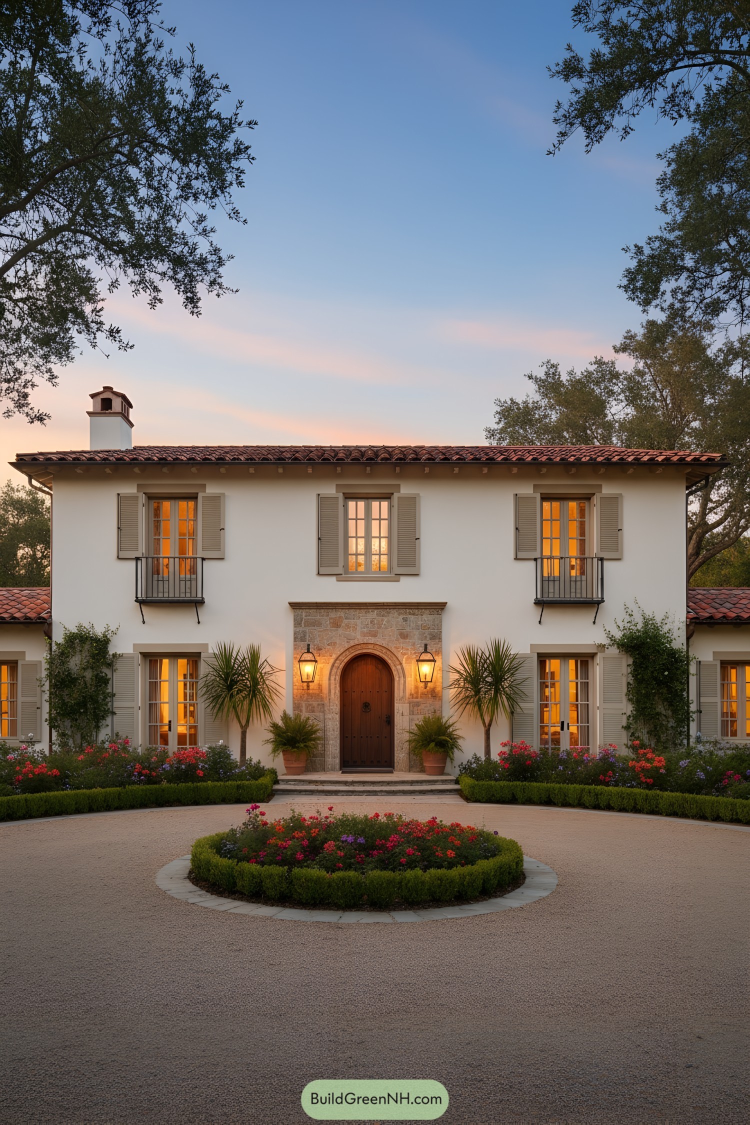 Two-story Spanish colonial with clay roof, stucco walls, and arched stone entry flanked by lanterns and palms
