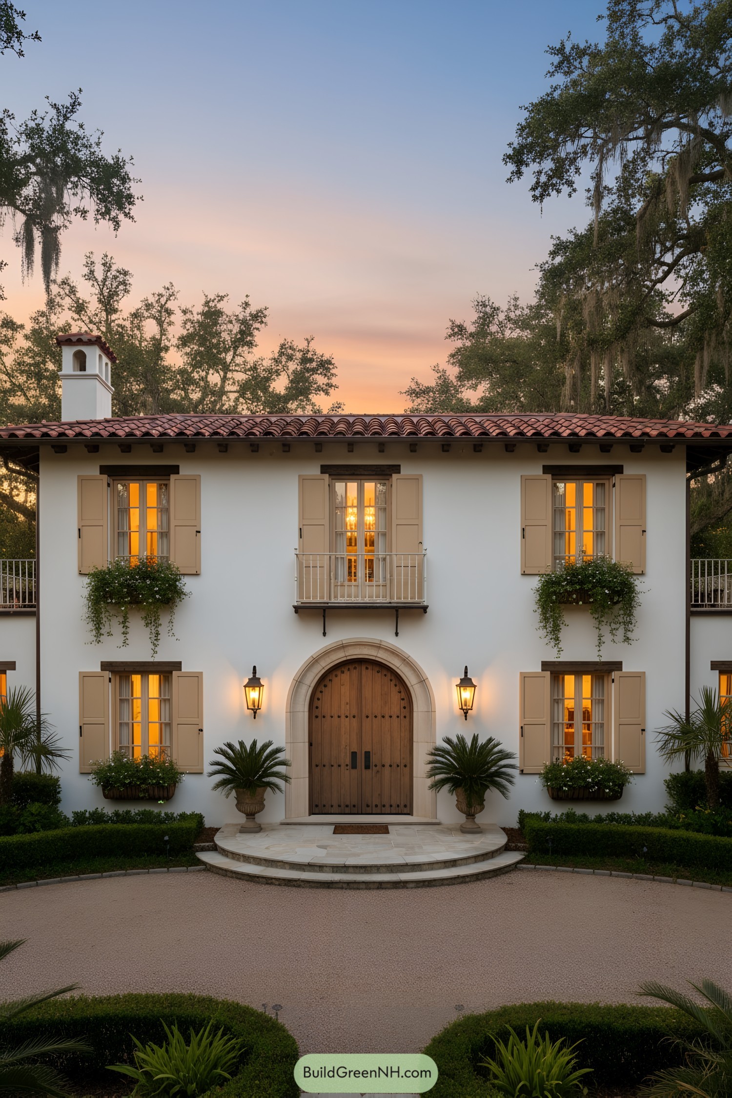 Two-story Spanish Colonial home with white stucco, terracotta roof, arched wooden door, and beige shutters