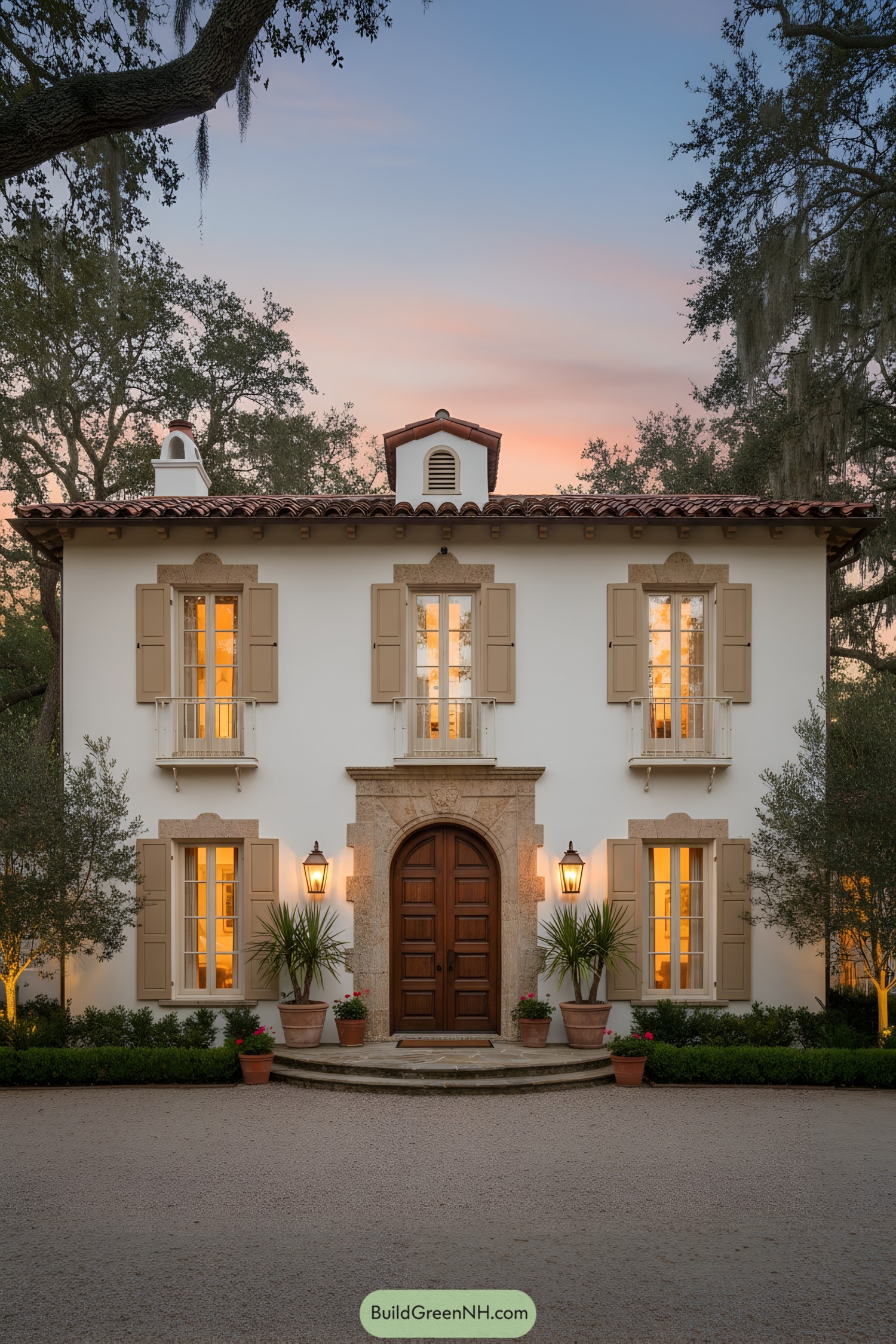 Two-story stucco facade with clay-tile roof, arched wood door, and shuttered windows