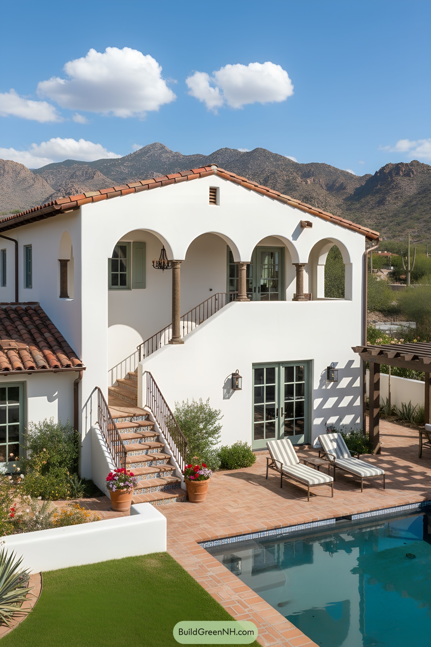 White stucco villa with arched balcony and terracotta roof by a pool