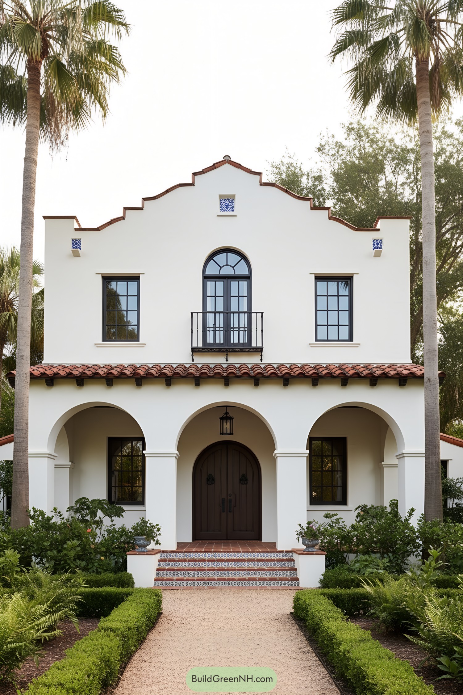 White stucco facade with red tile roof and arched porch