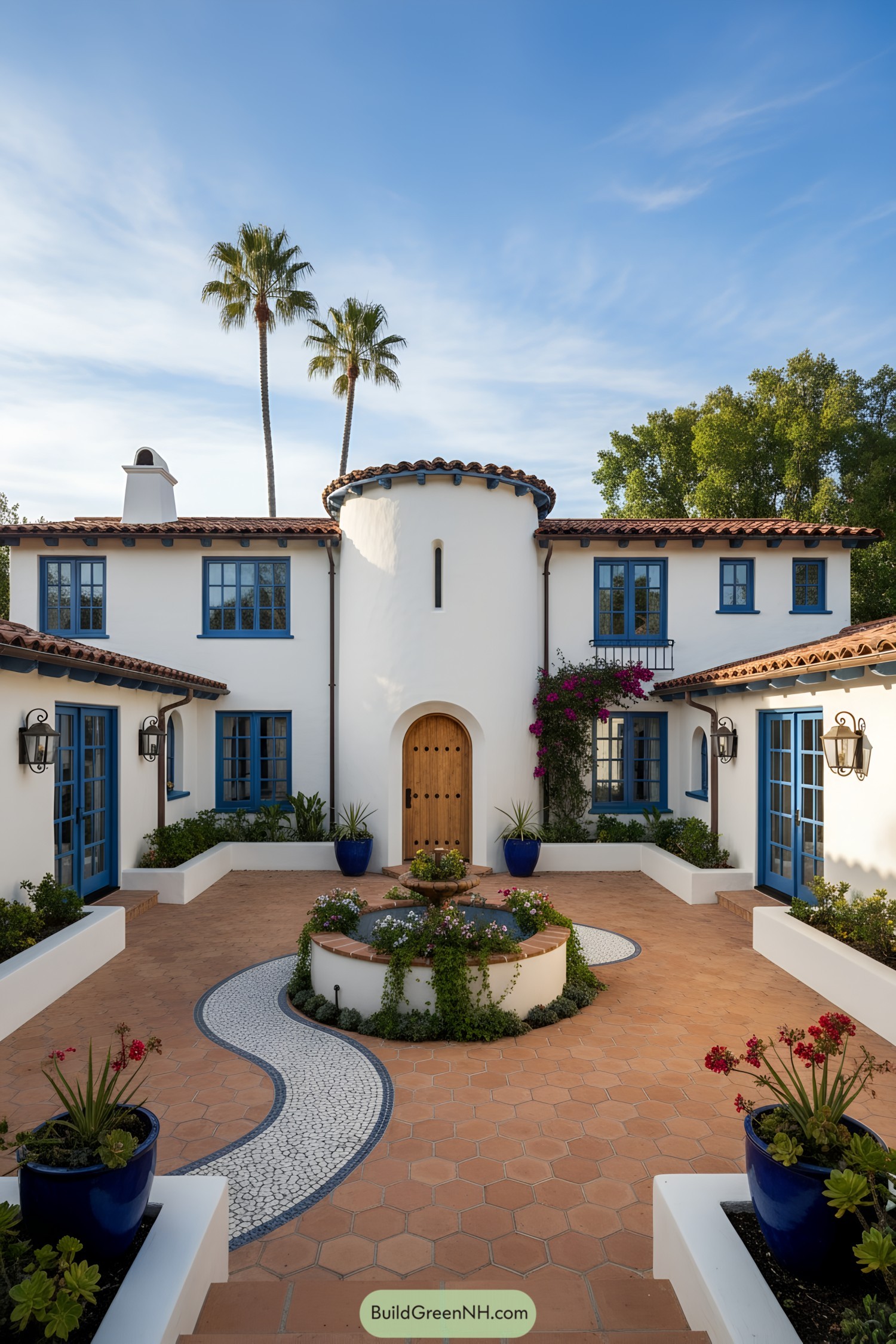White stucco courtyard with round tower and blue-trimmed windows