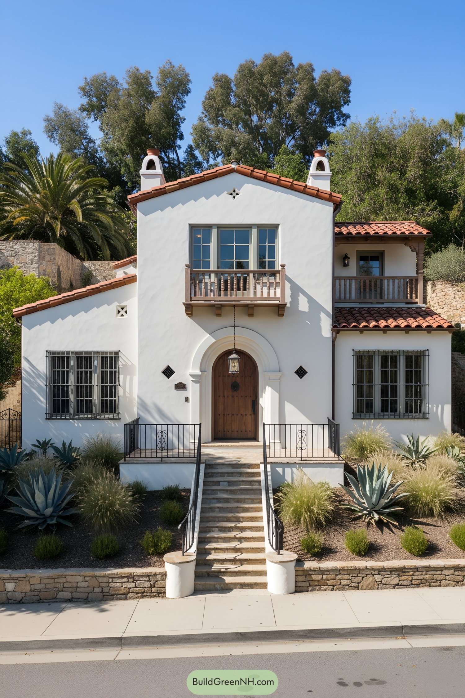 White stucco Spanish Colonial house with terracotta gable roofs, arched wood door, and twin balconies