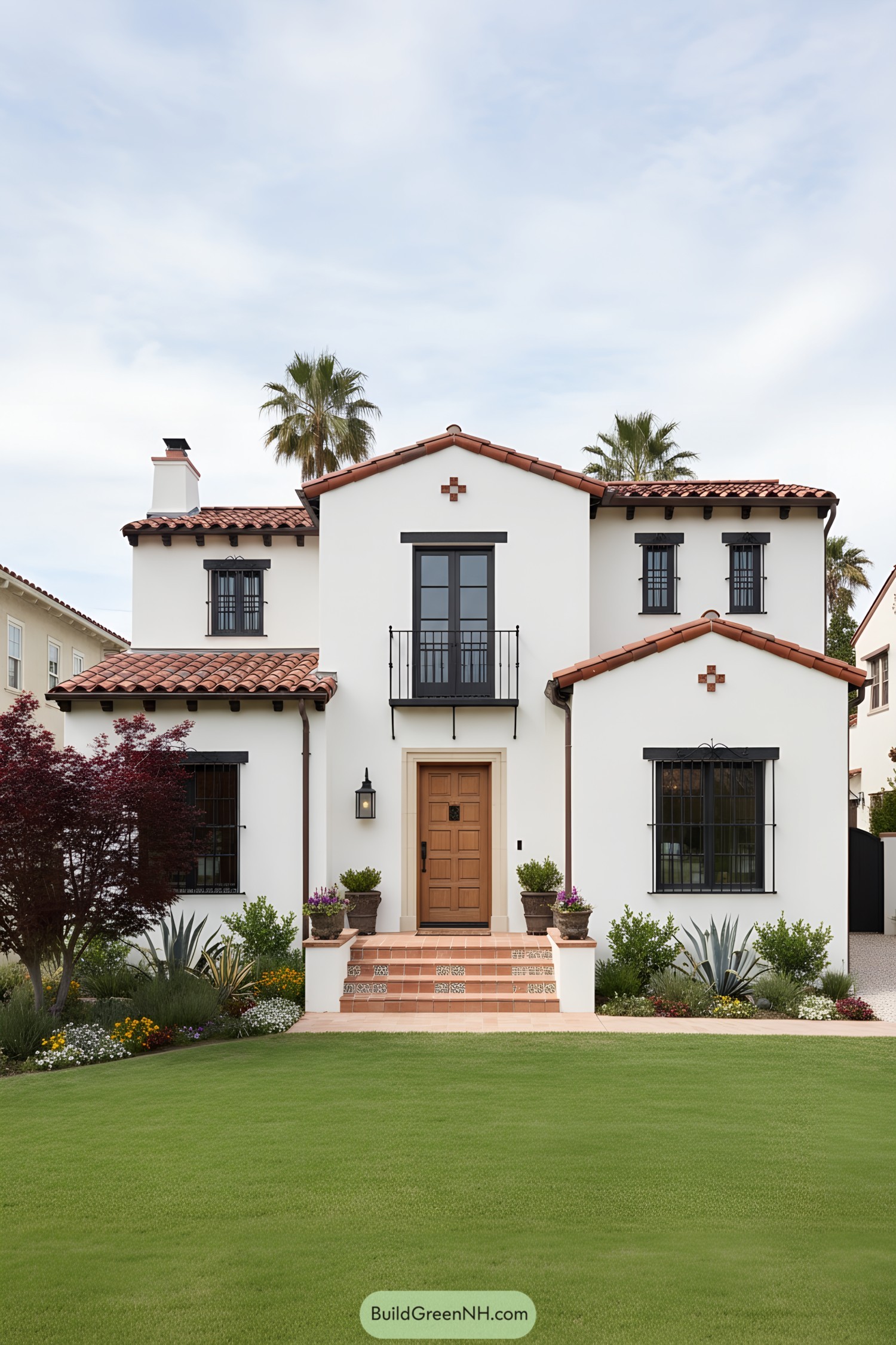 White stucco Spanish Colonial home with red clay tile roof, black iron balconies, and patterned tile steps