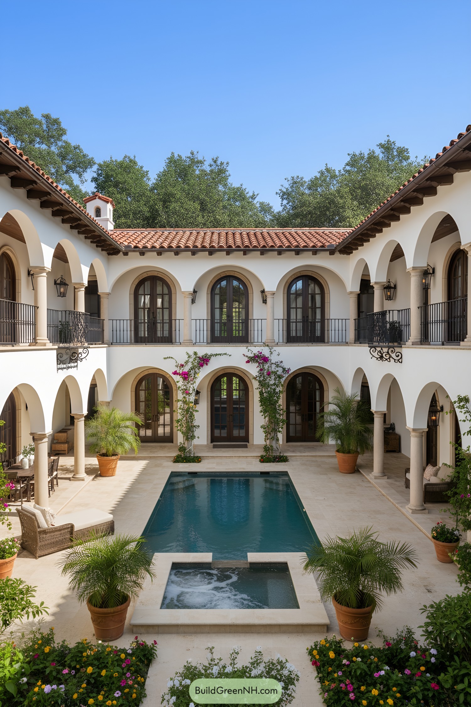 Two-story courtyard with arches, columns, and pool