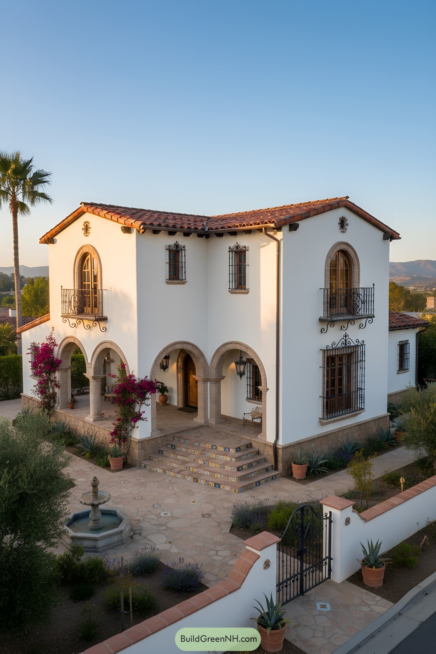 Two-story Spanish Colonial with arched porch, terracotta roof, and wrought-iron balconies