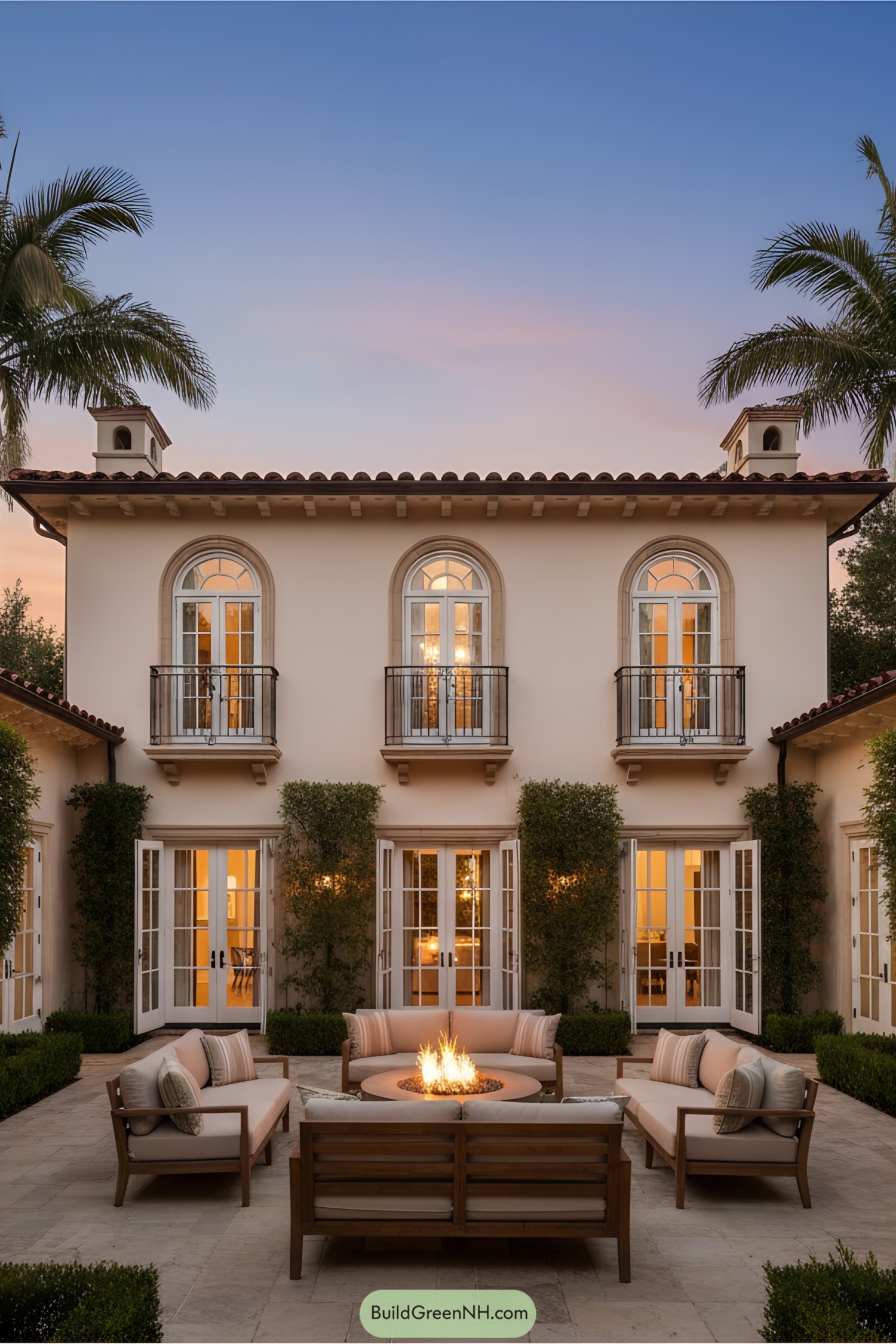 Elegant Mediterranean house with patio fire pit