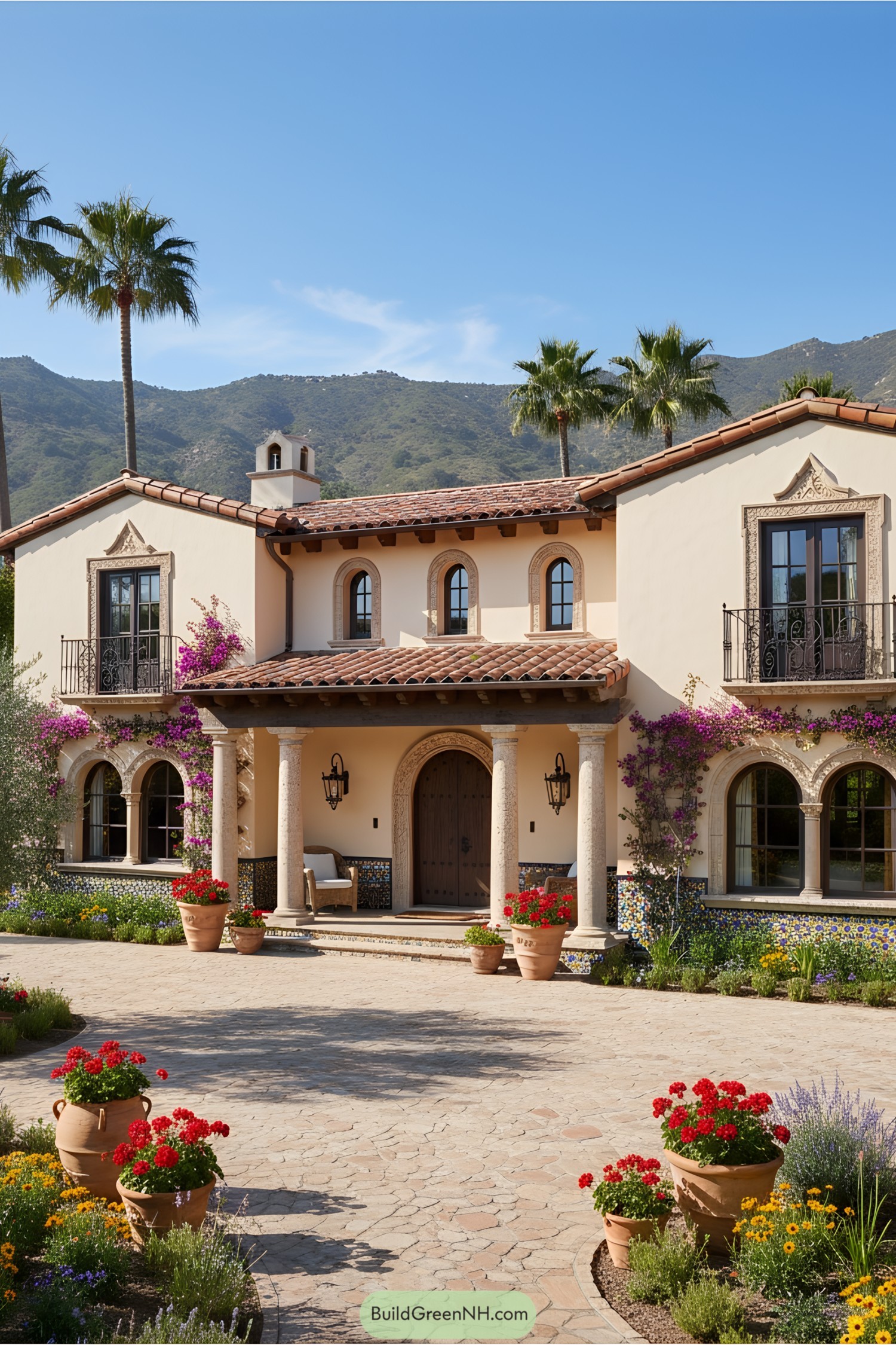 Spanish-style house with terracotta roof and colorful flowers