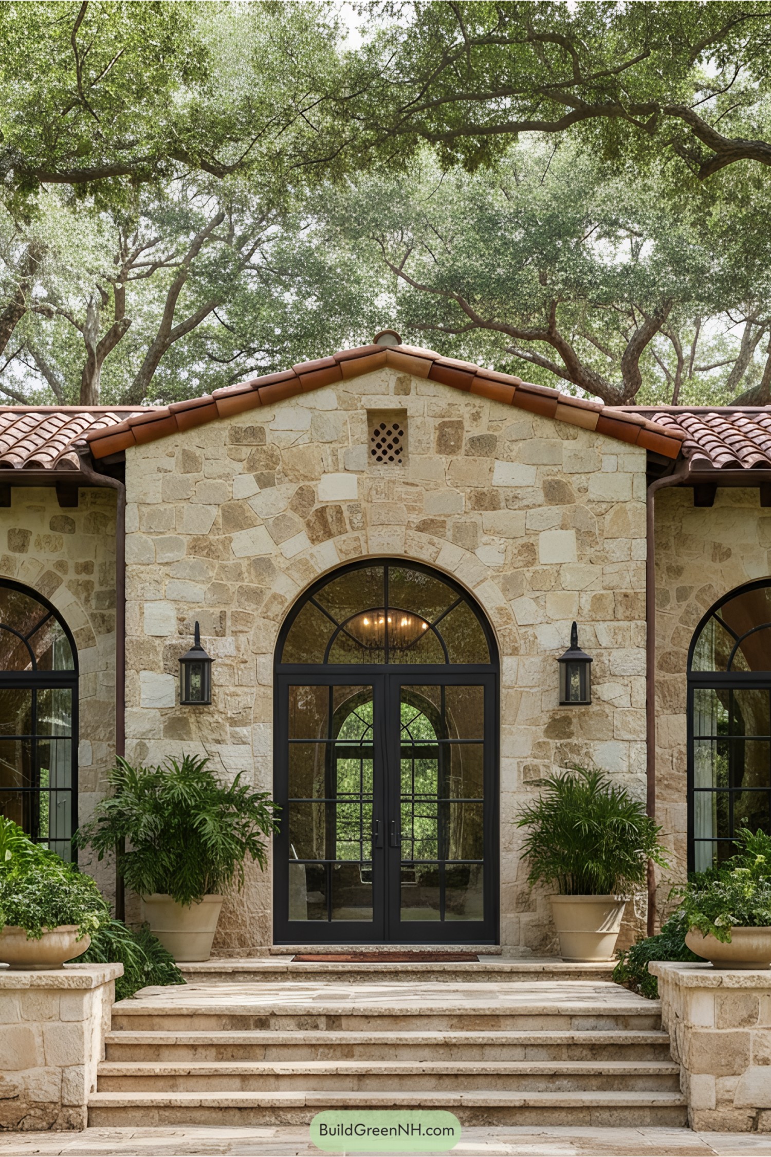 Stone archway with potted plants and wooden doors