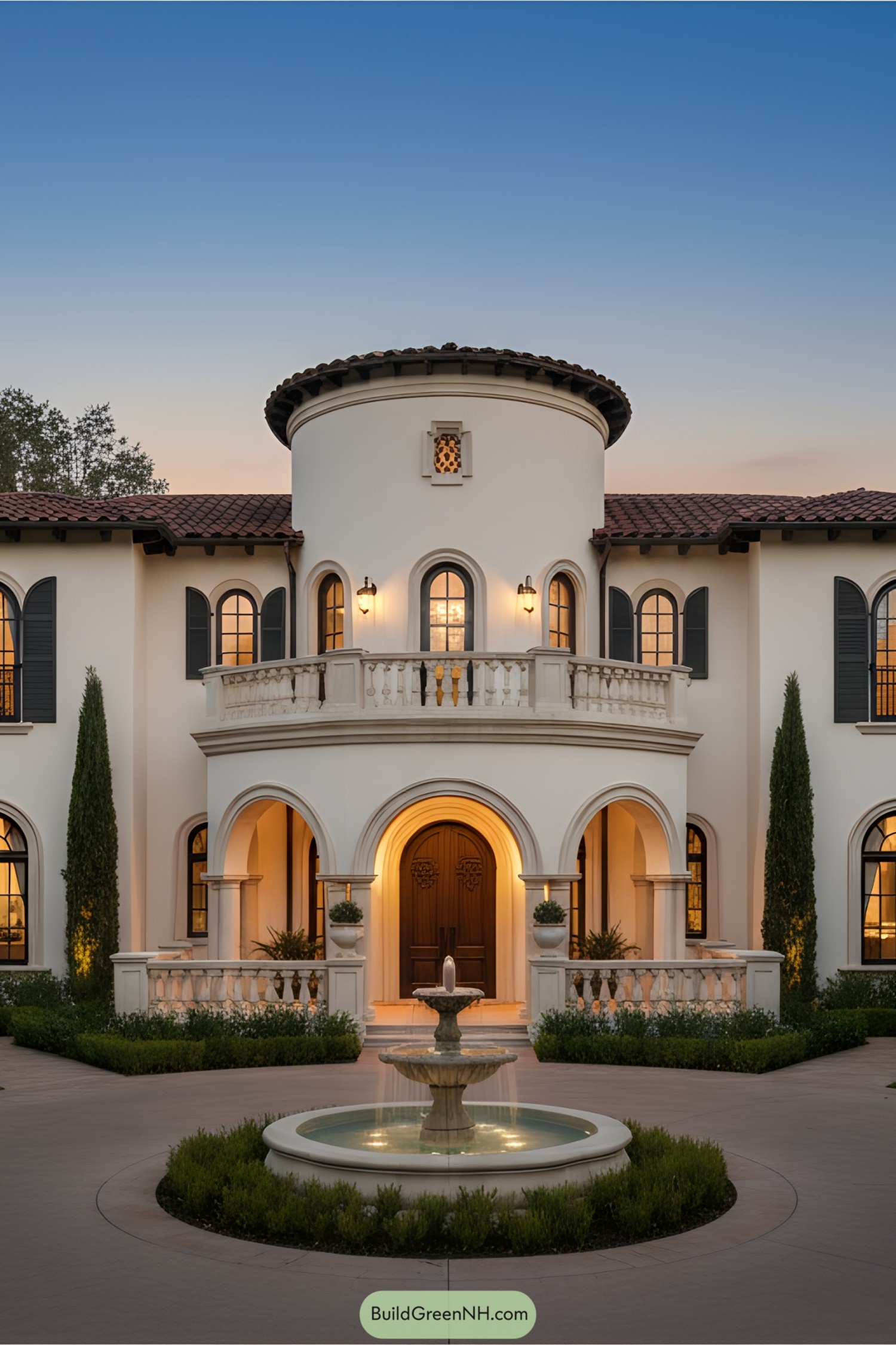 Elegant Mediterranean house with central tower and fountain