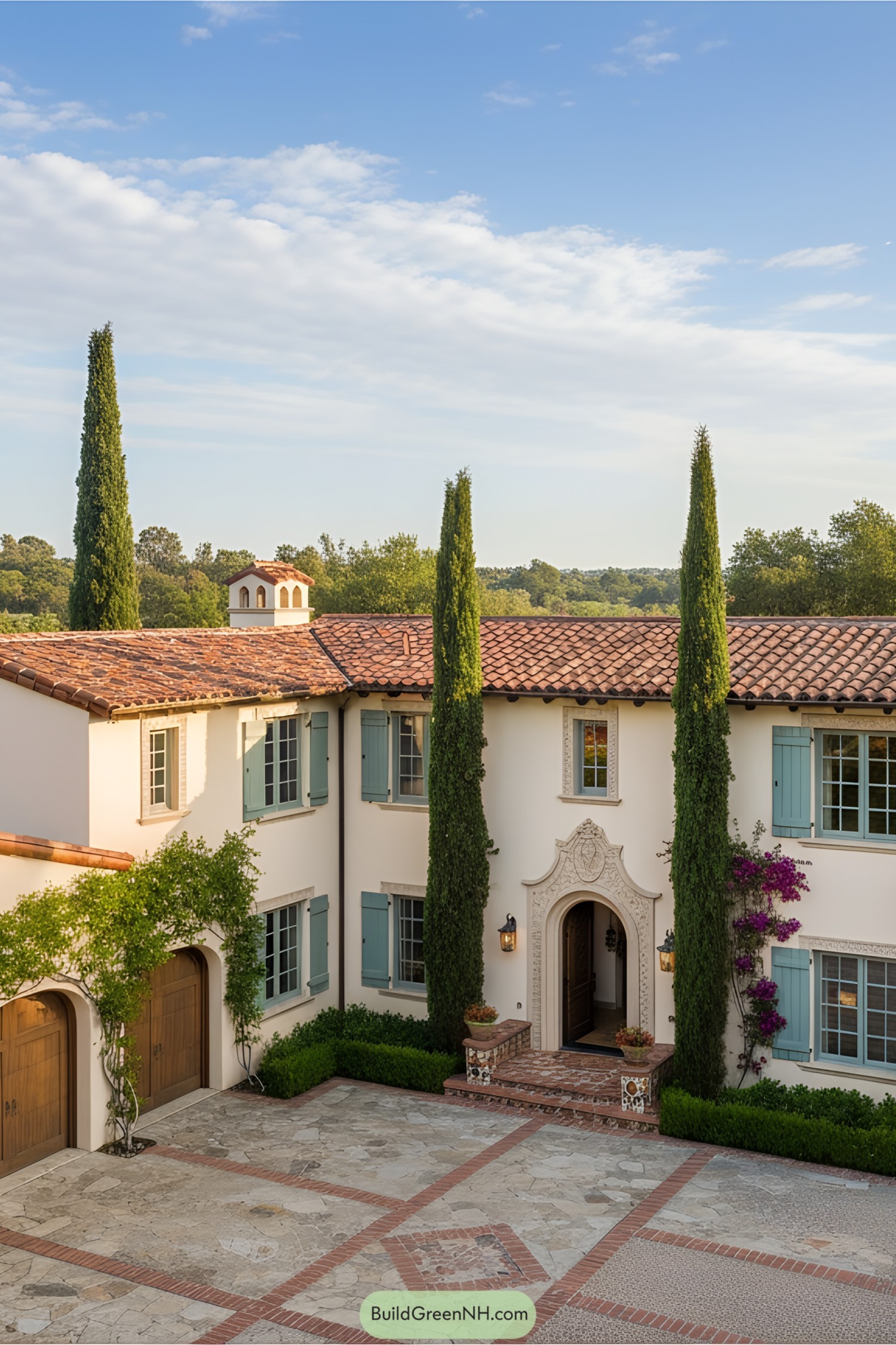 Elegant Spanish-style house with terracotta roof and lush greenery