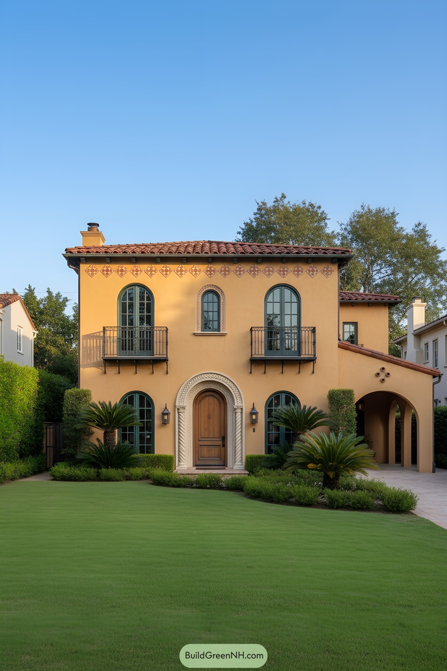 Charming Mediterranean-style house with arched windows and terracotta roof