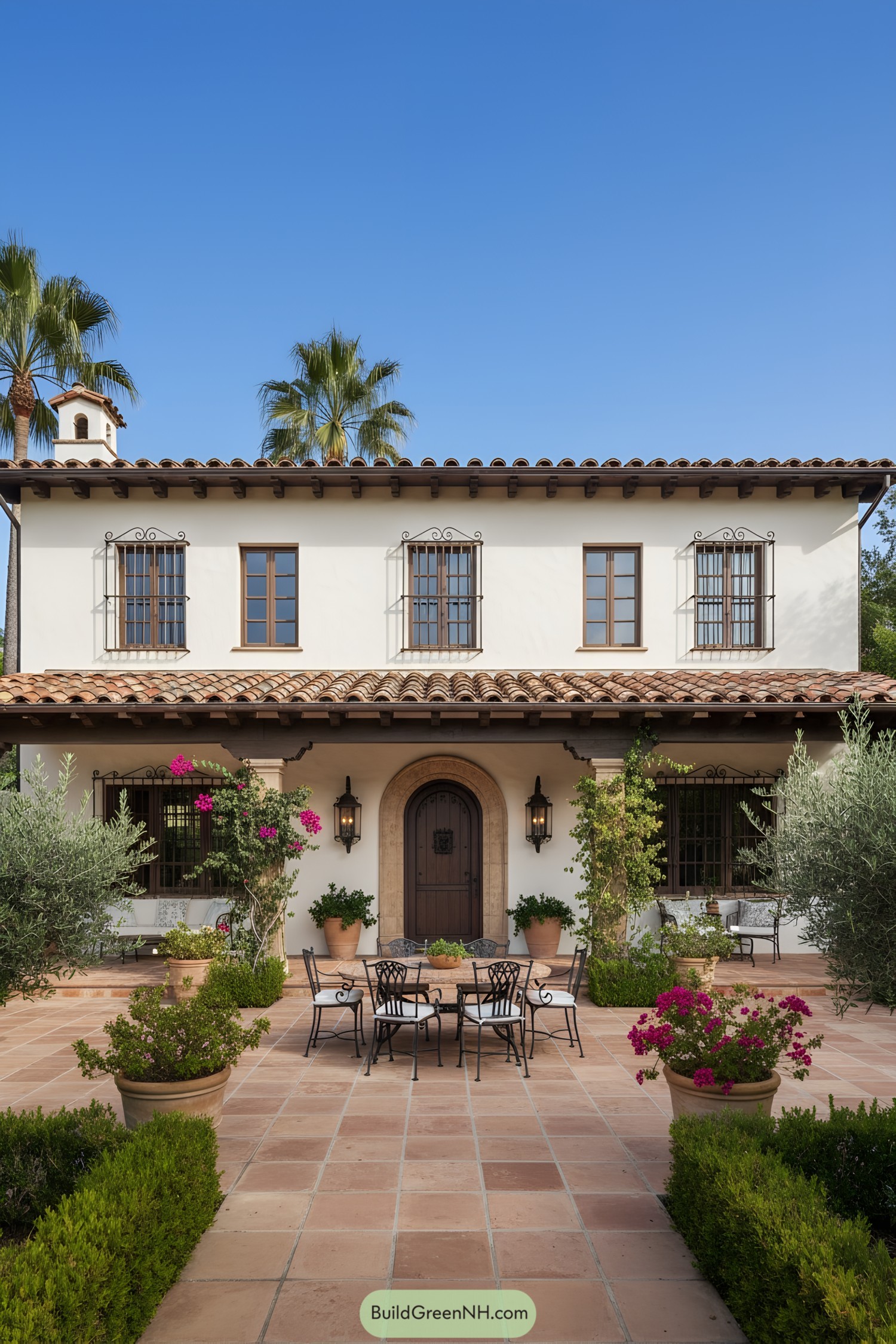 Spanish Mediterranean house with terracotta tiles and lush courtyard