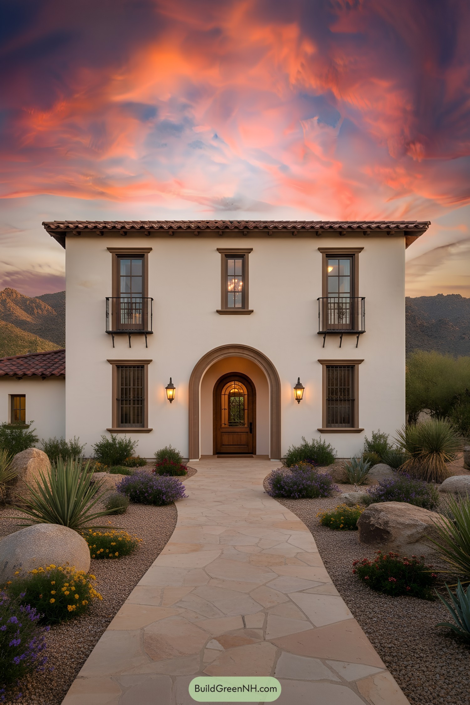 High-res photo of Spanish Mediterranean house, two-story facade, off-white stucco walls with brown trim, symmetrical rectangular structure, arched front entryway, terracotta clay tile roofing with wide overhangs, tall narrow windows with black wrought iron grilles and dark wood framing, arched wooden door with glass panels, small wrought iron balconies on upper windows, exterior wall sconces, stone paver pathway leading to entrance, desert-inspired landscaping with gravel, scattered boulders, agave, yucca, small flowering shrubs, natural mountainous background under a vivid sunset sky.