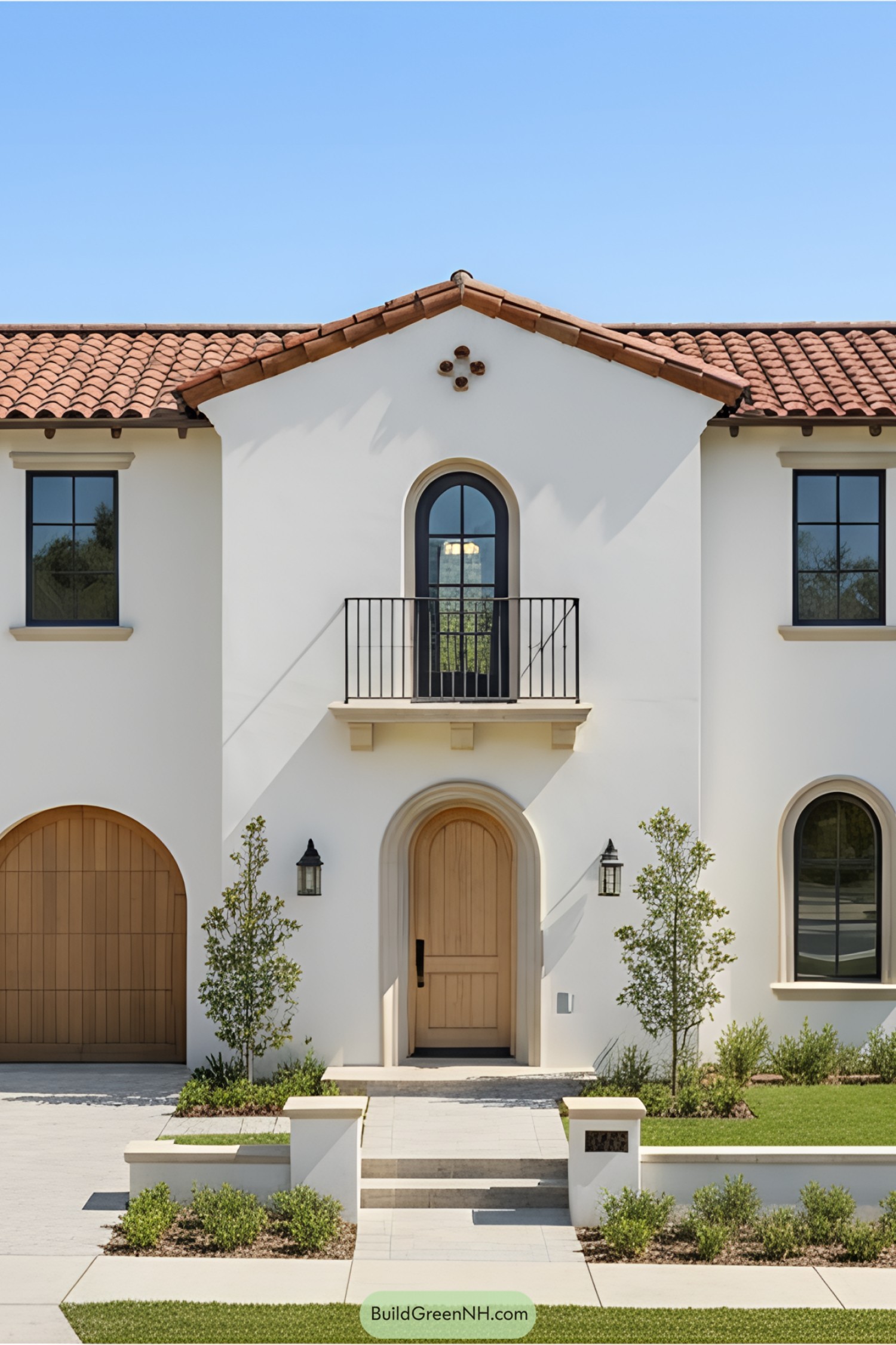Charming white stucco house with terracotta roof and lush greenery