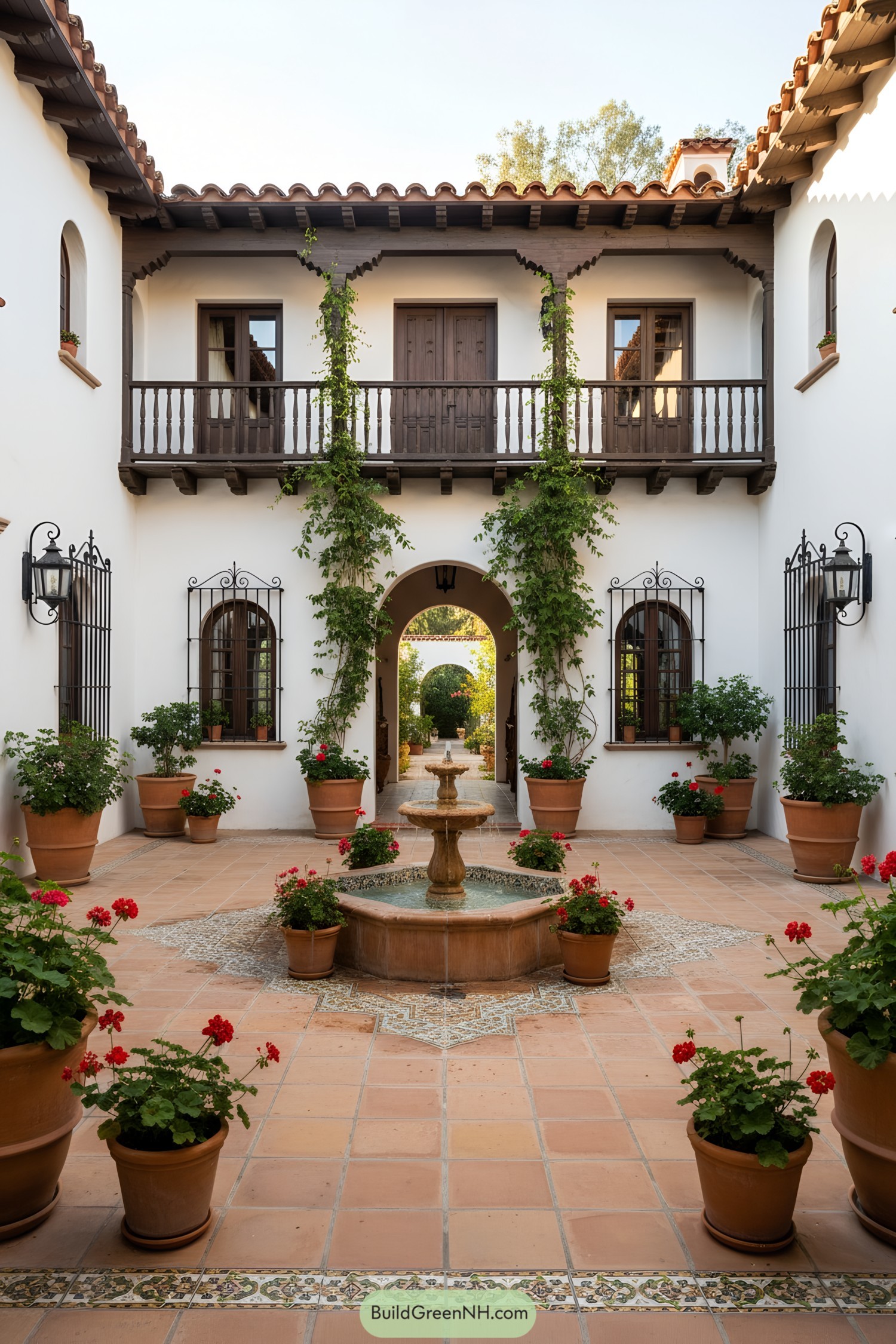 Charming courtyard of a Spanish Mediterranean house with a fountain and potted plants