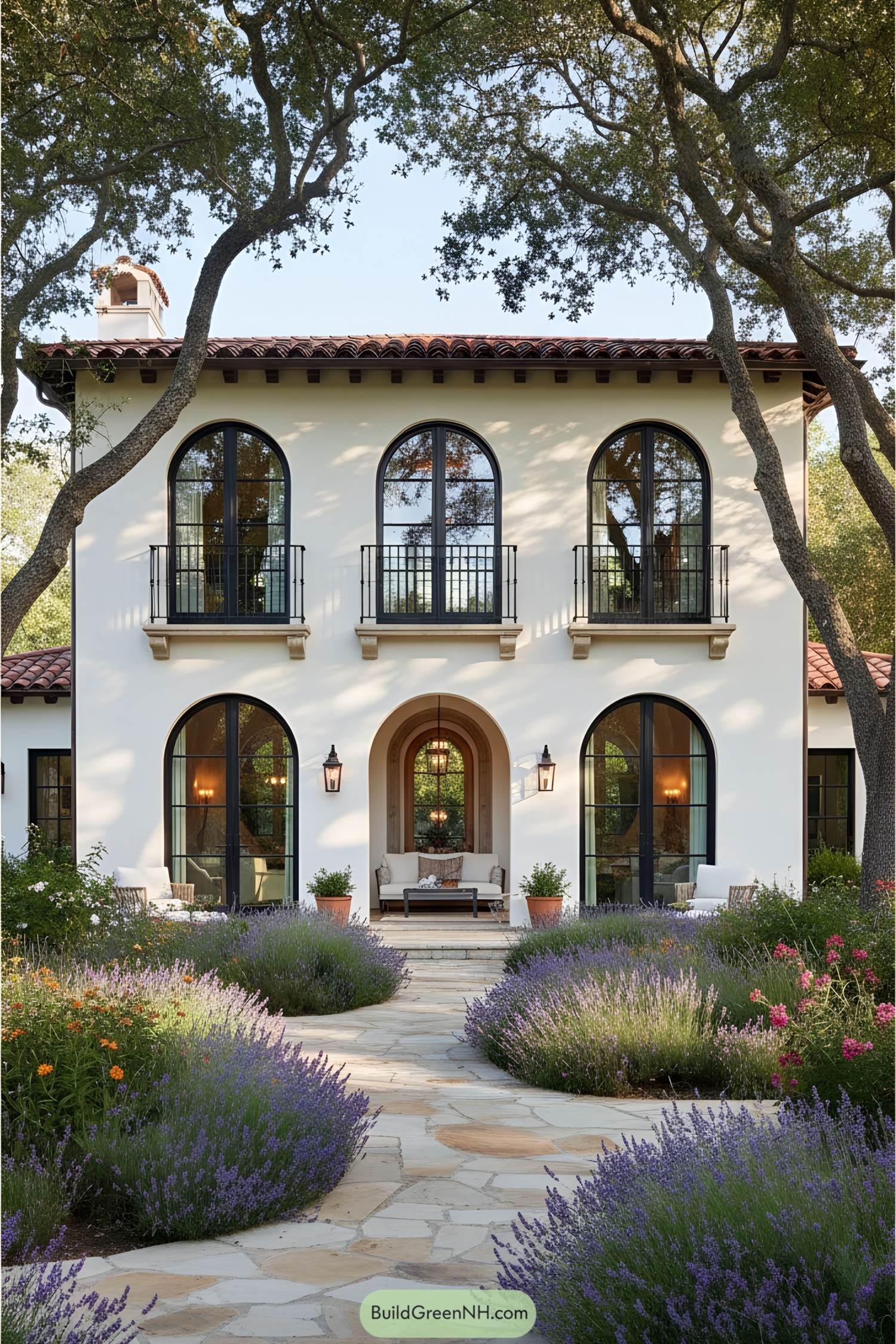 Charming Spanish-style house with arched windows and abundant greenery