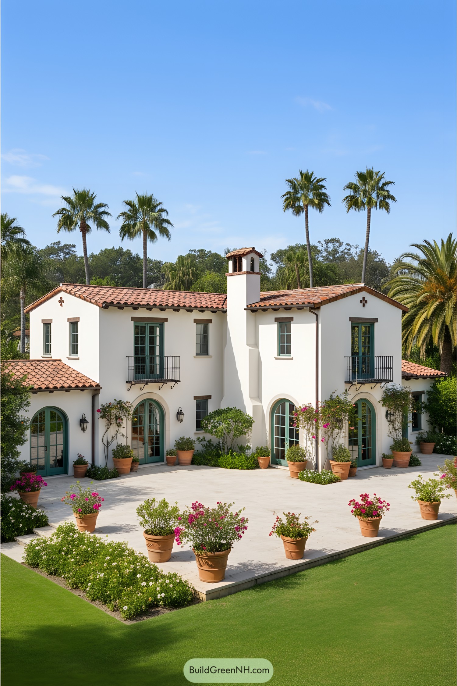 White stucco house with terracotta roof, surrounded by palm trees and potted plants