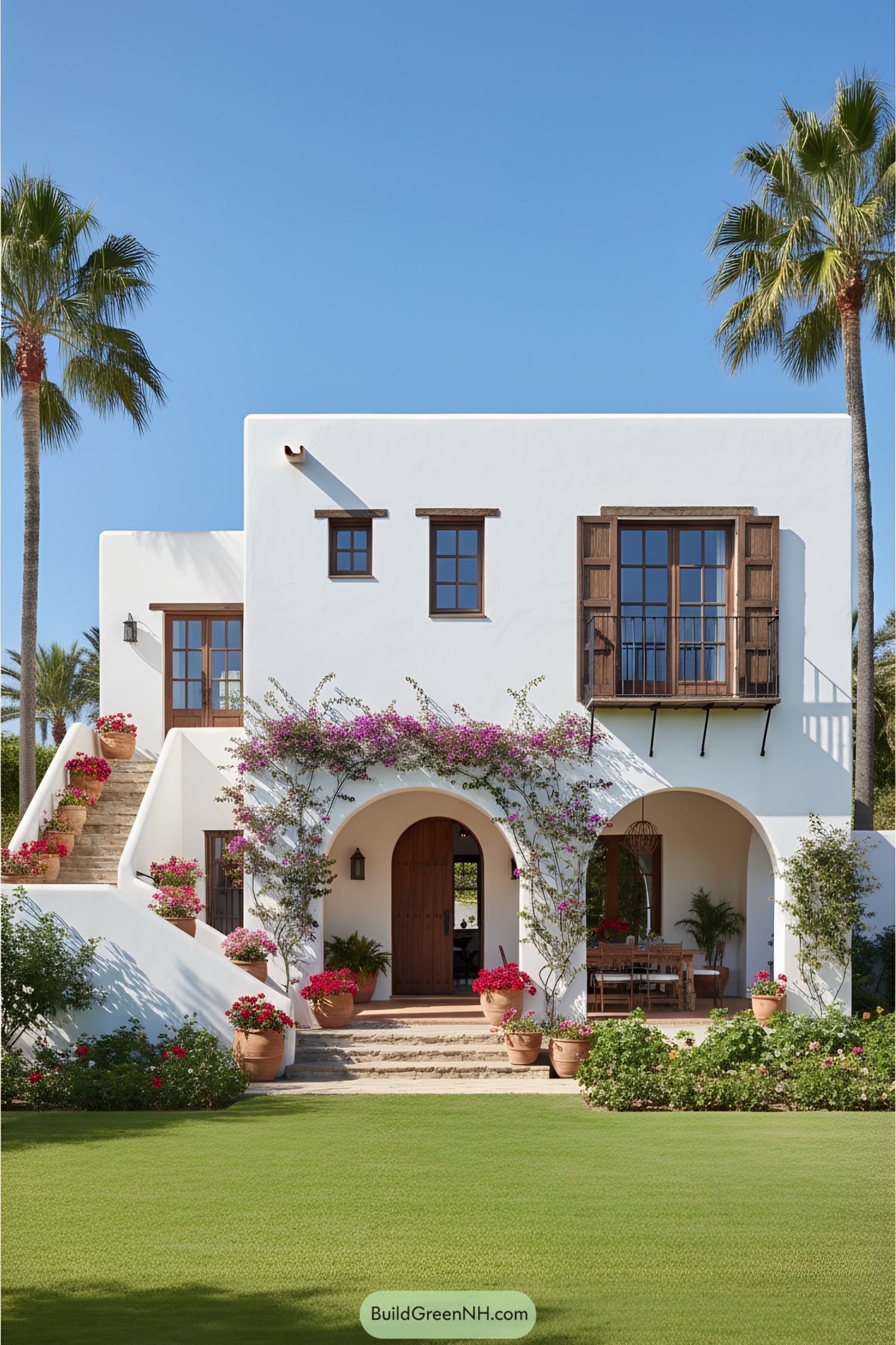 Mediterranean house with arches and colorful flowers