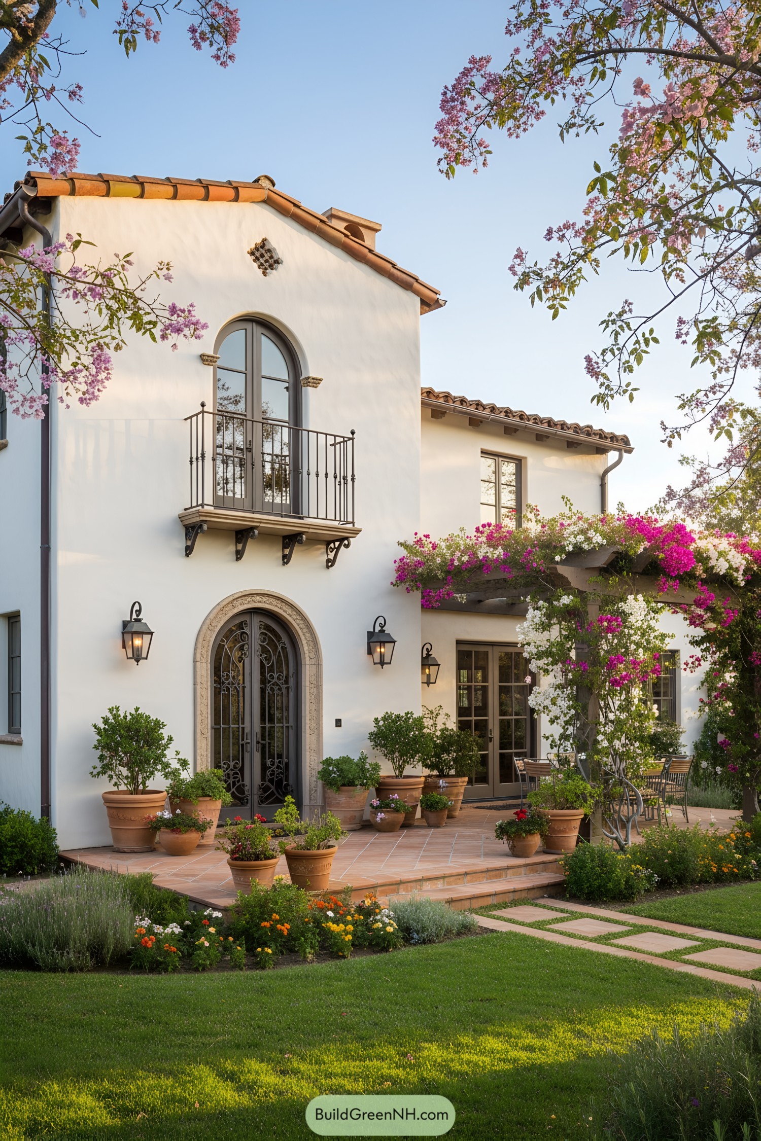 Mediterranean house with terracotta tiles and blooming flowers