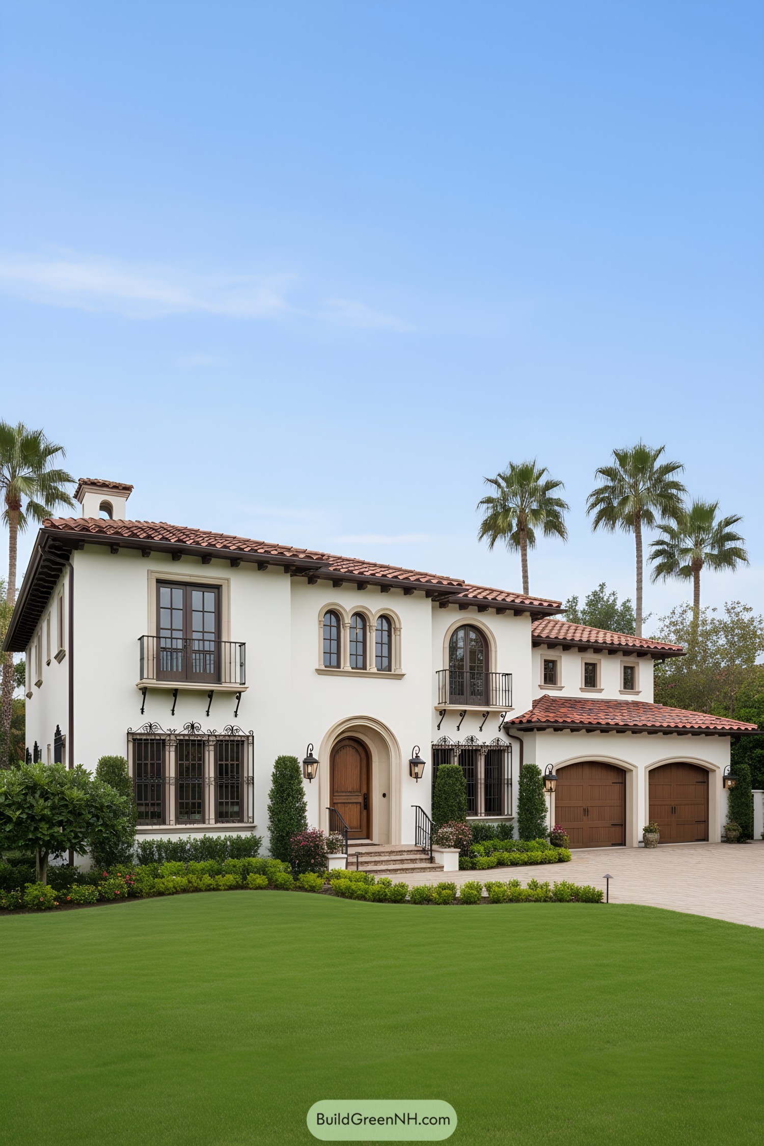 Front view of a Mediterranean-style house with lush lawn and palm trees