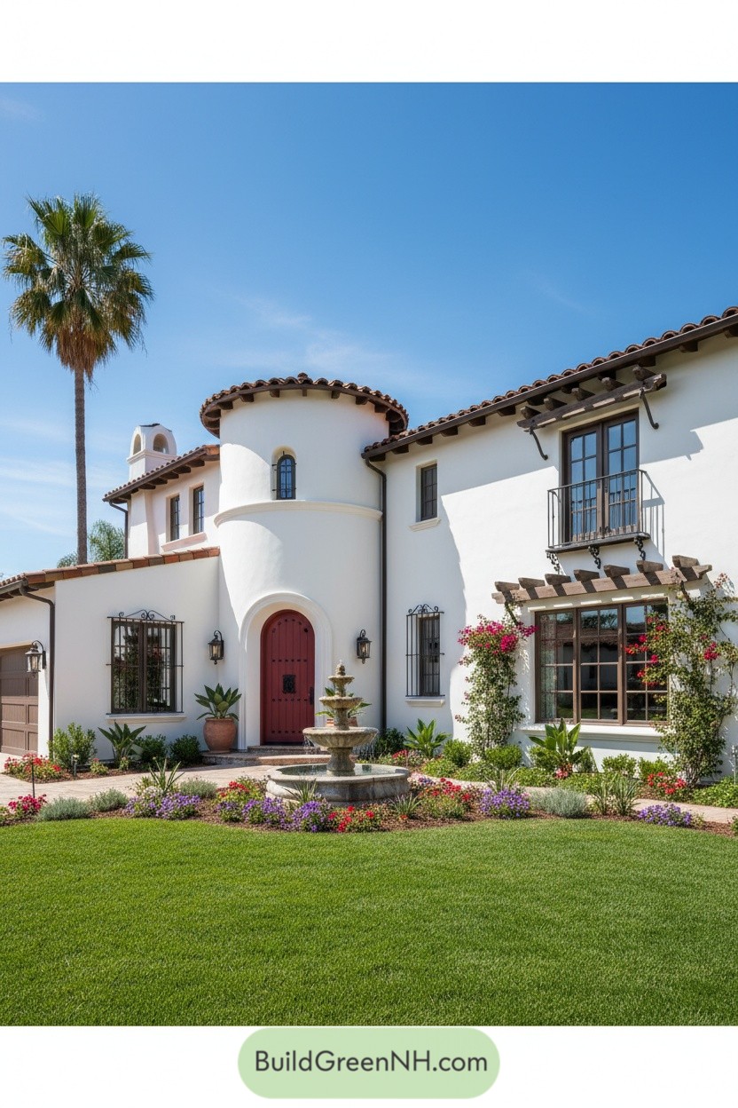 Elegant Mediterranean house with fountain and garden