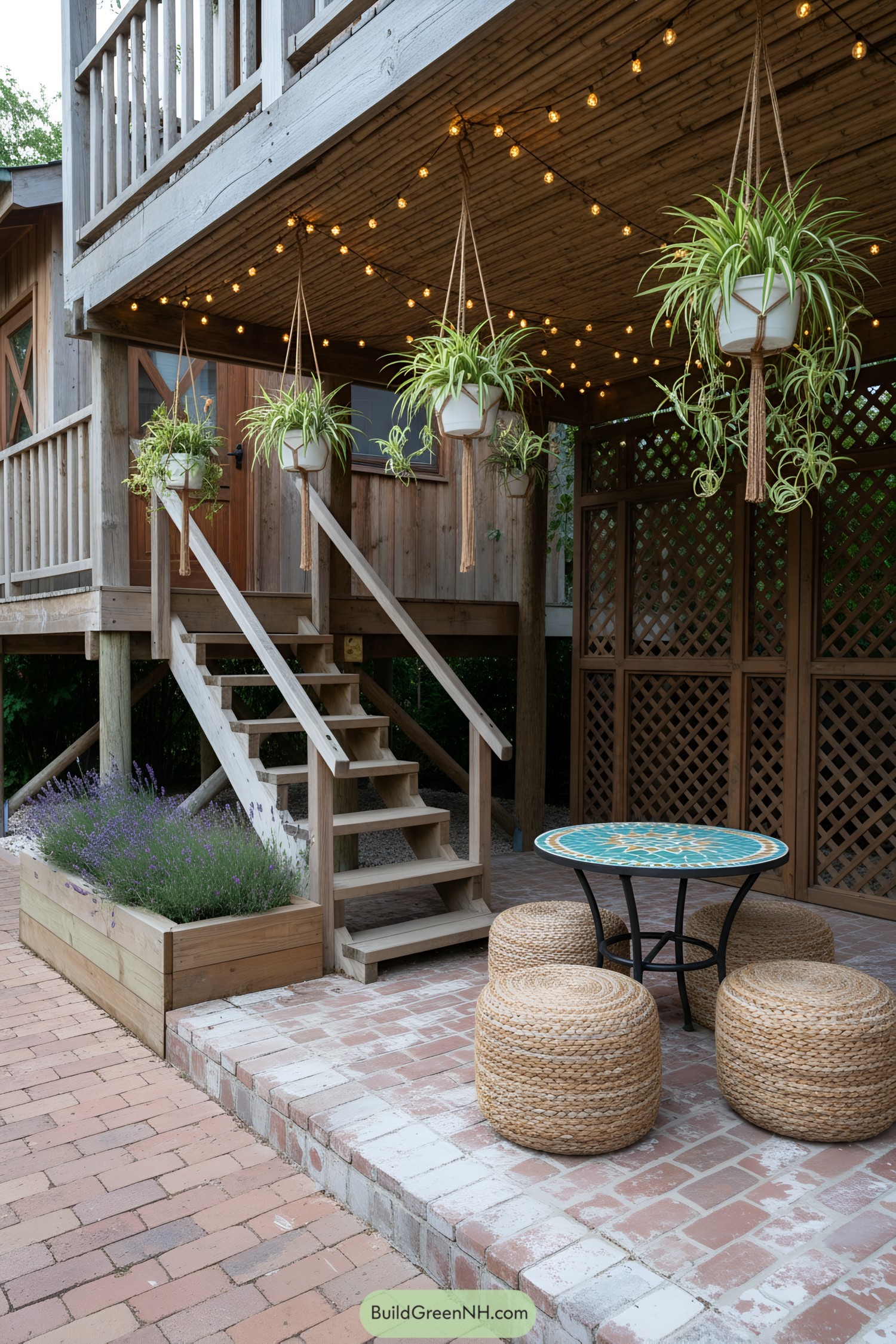 Stilted cabin with stairs, hanging plants, and outdoor seating