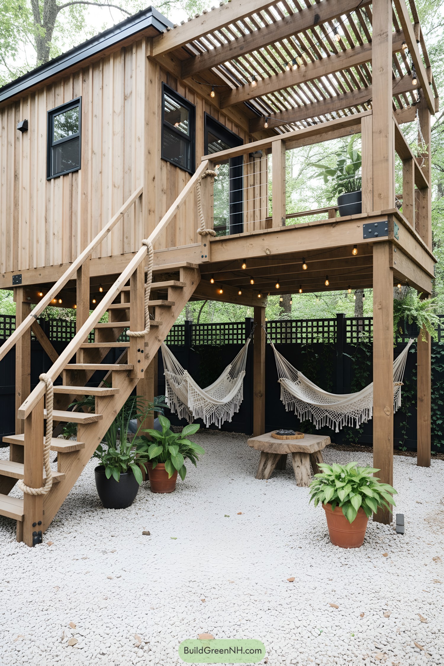 Wooden cabin on stilts with stairs and hammocks below