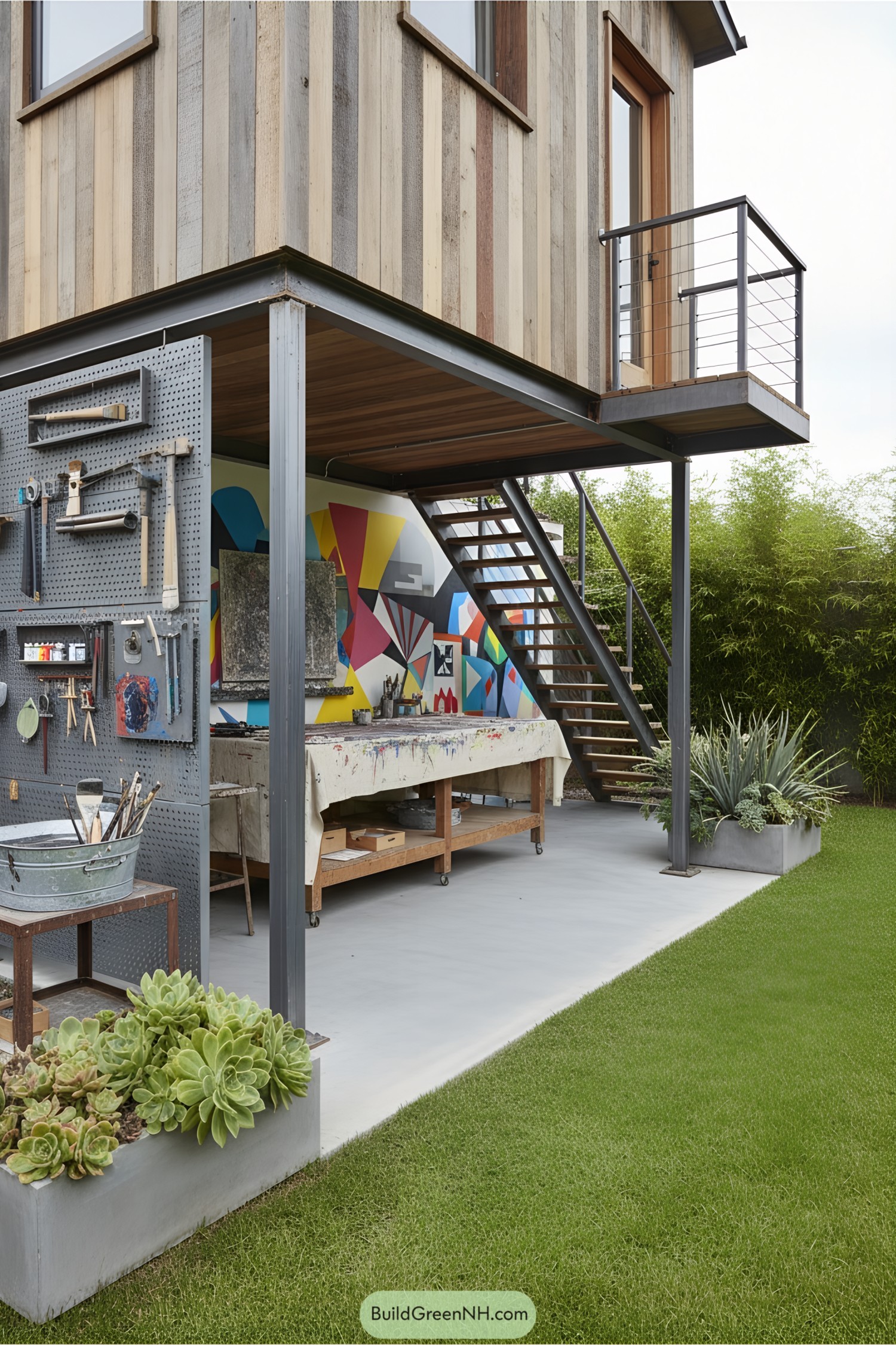 Wooden cabin atop stilts with an art studio beneath