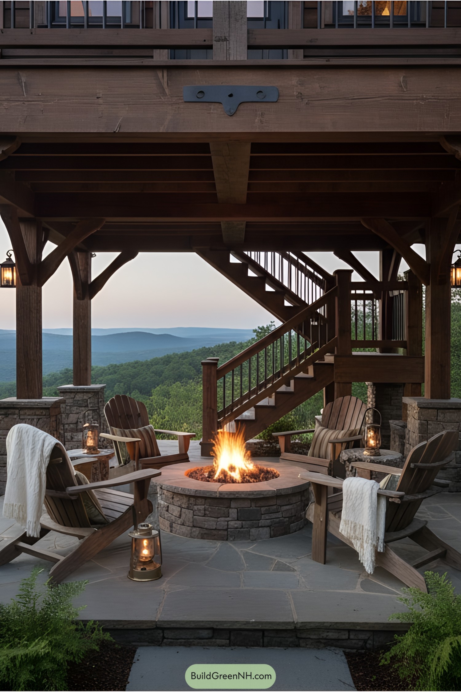 Elevated cabin with outdoor seating and fire pit