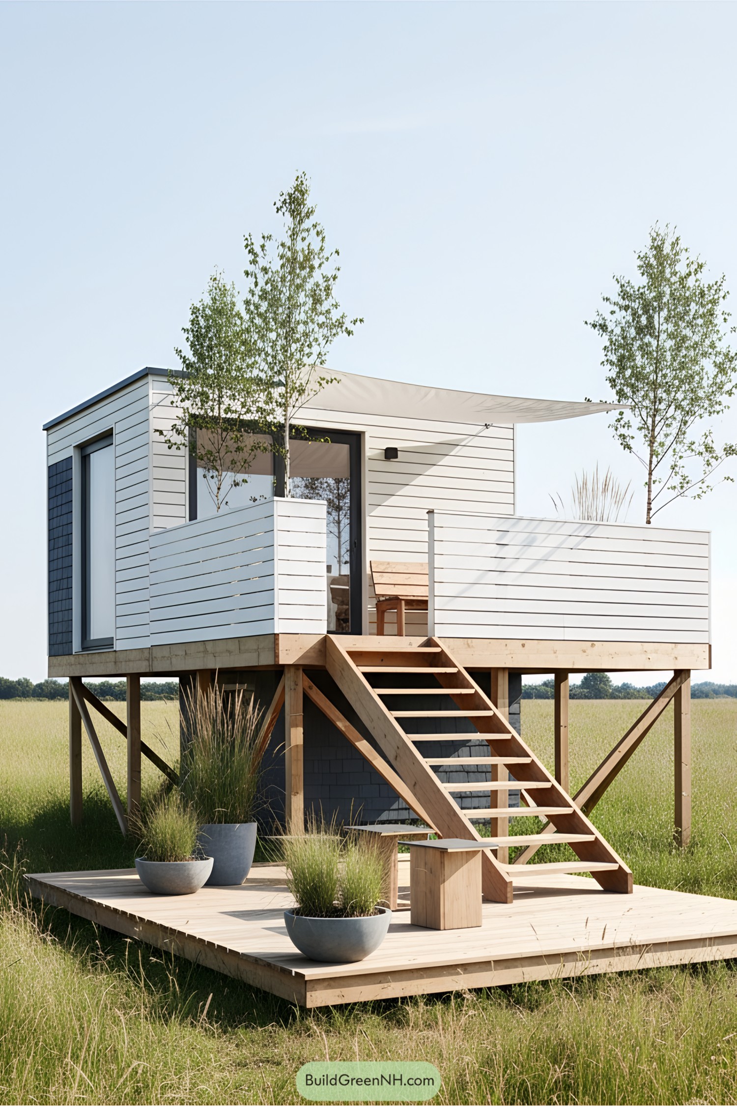 Tiny cabin on stilts with stairs surrounded by greenery