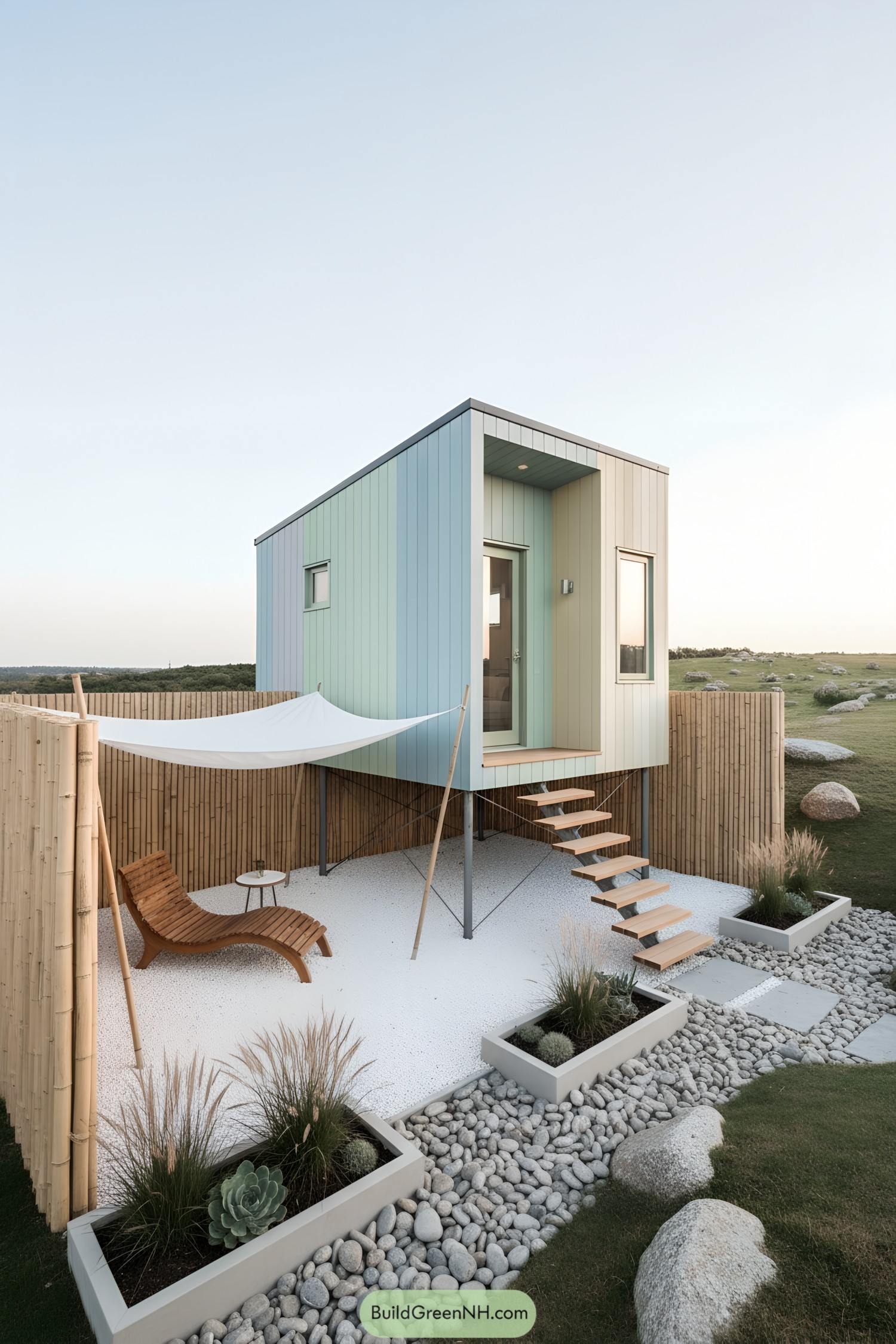 Stilted cabin with stairs and outdoor relaxation area below