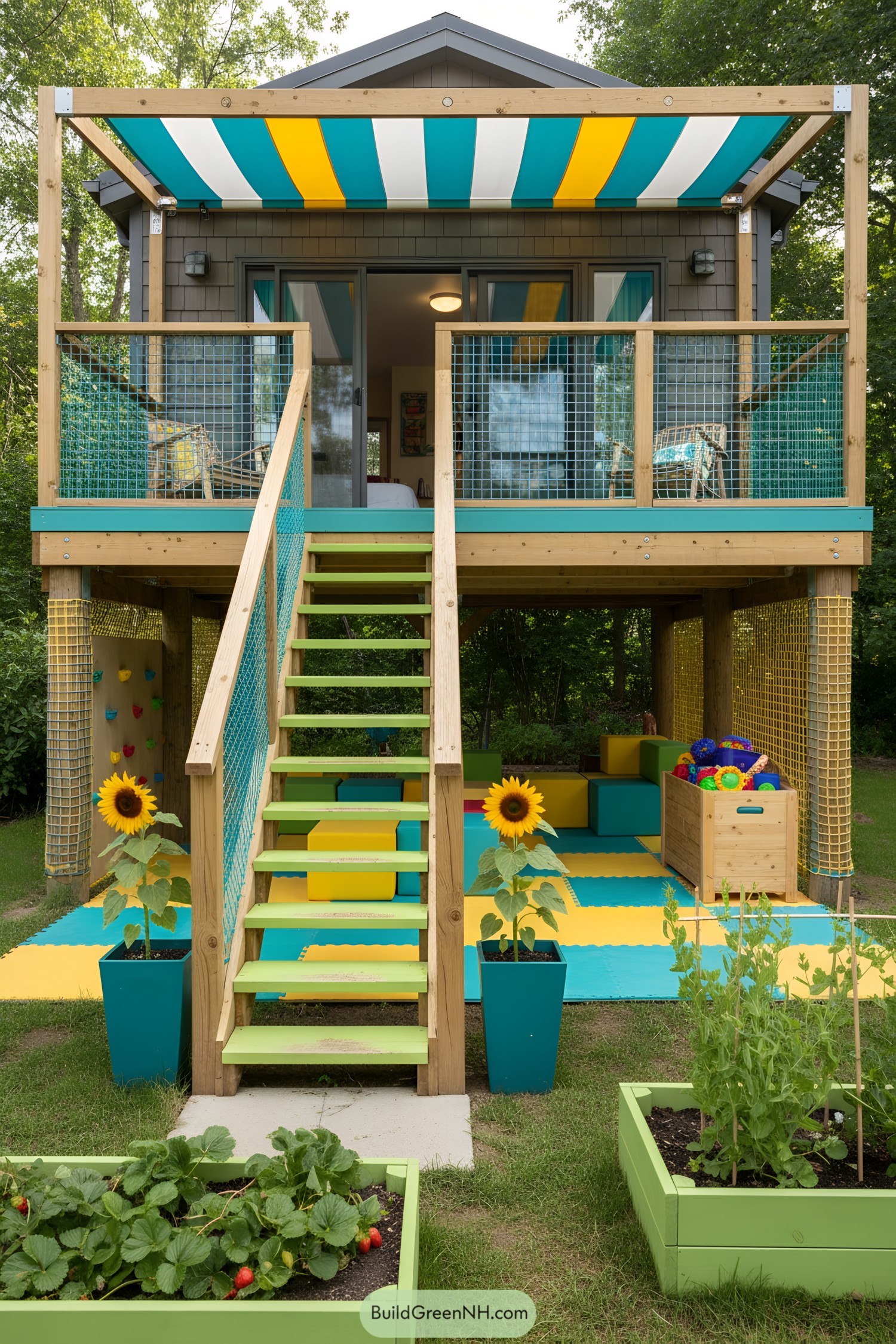 Cabin on stilts with vibrant accents and playful sunflowers
