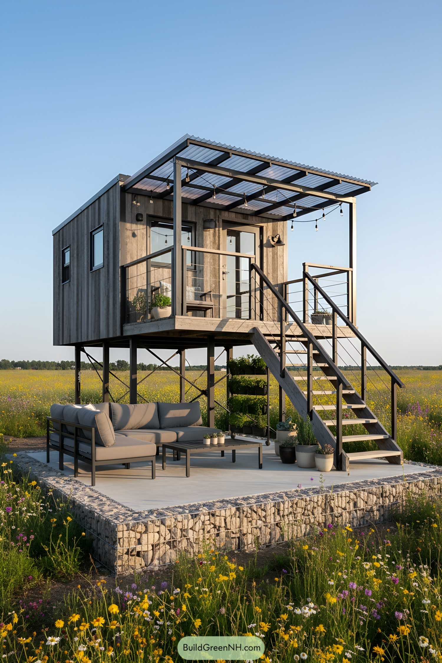 Tiny cabin on stilts with an outdoor patio and staircase