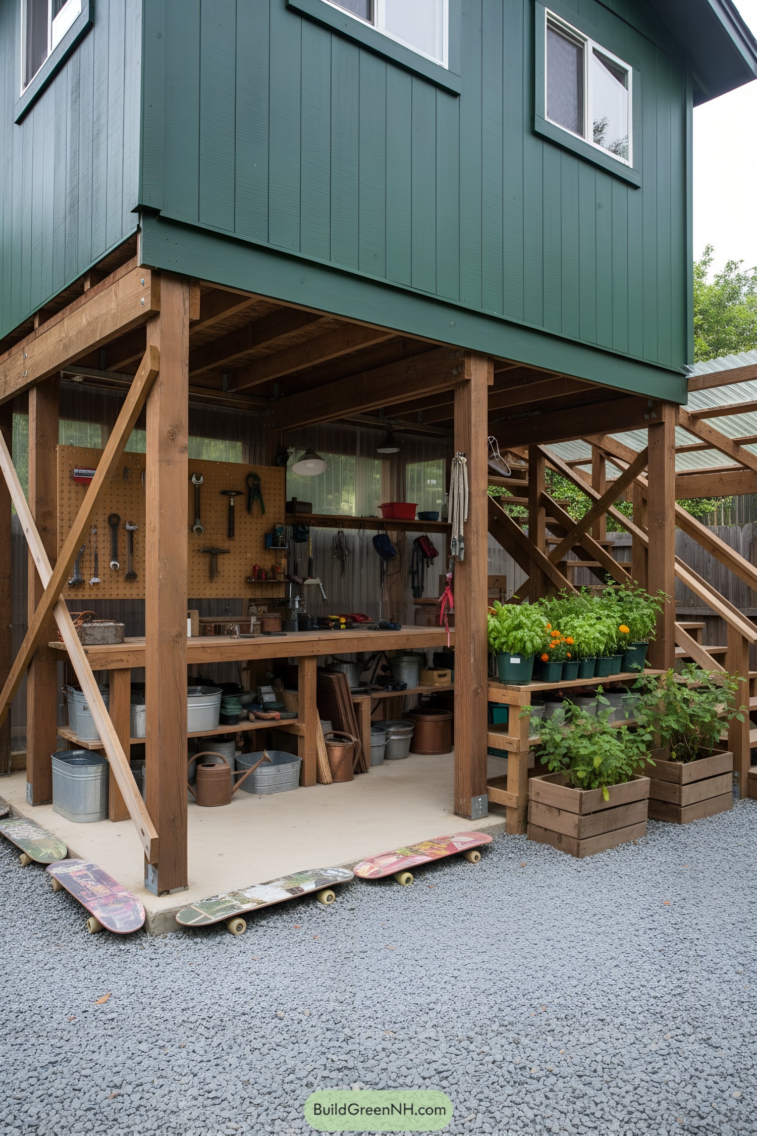 Tiny cabin on stilts with workshop beneath