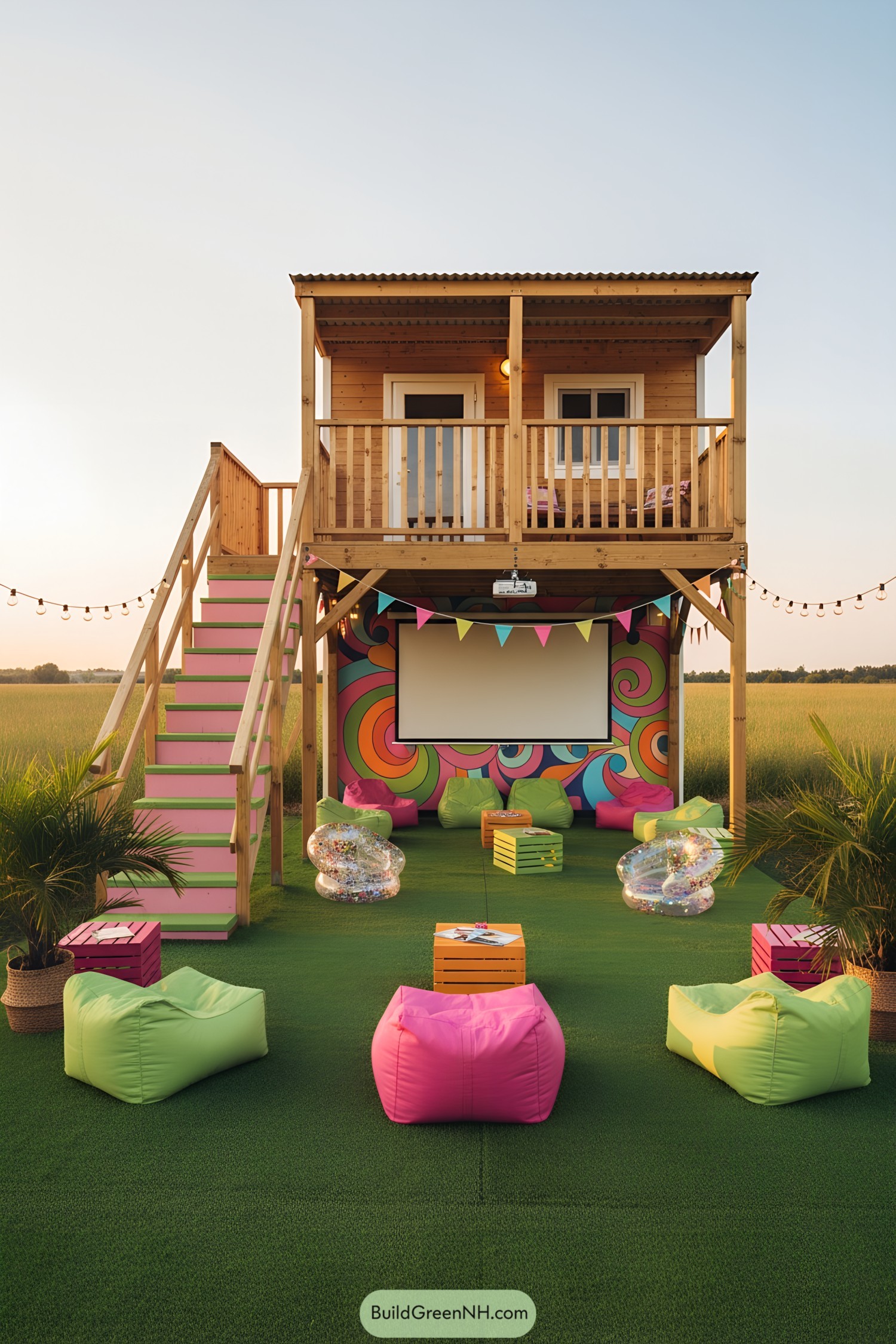 Wooden cabin on stilts with colorful outdoor lounge beneath