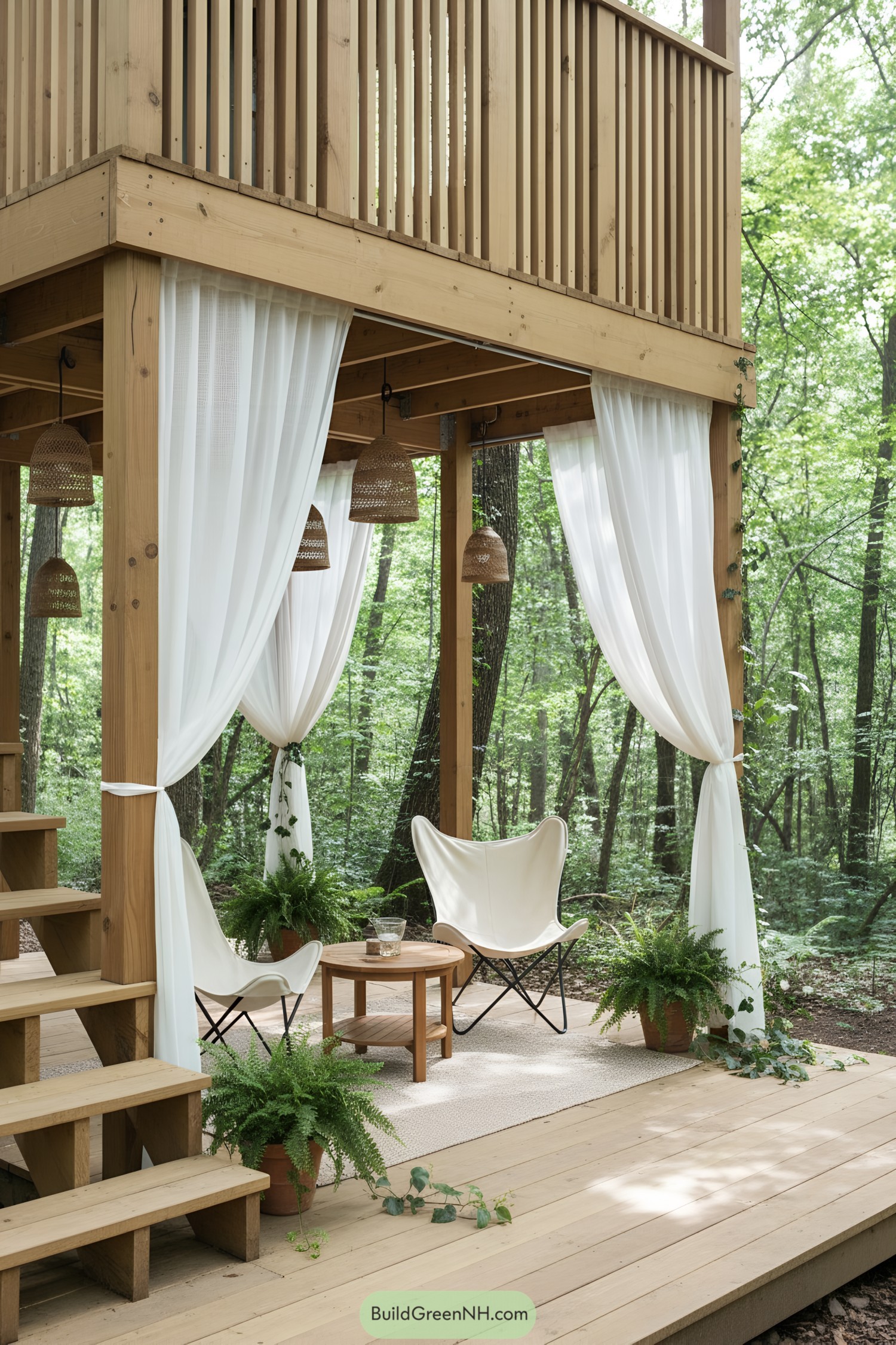 Tiny cabin on stilts with stairs, outdoor seating, and greenery