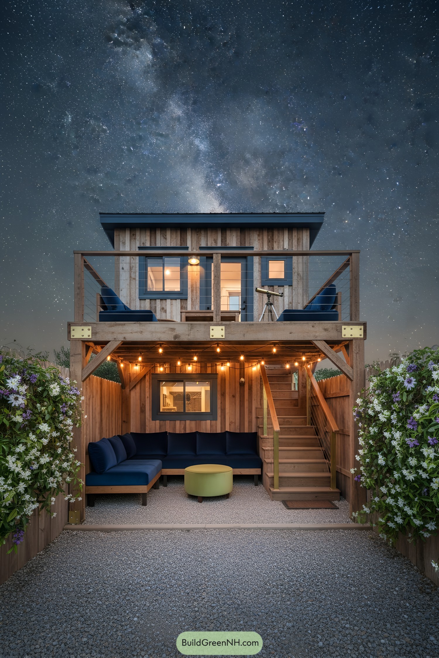 High-res photo of tiny cabin on stilts with outdoor space underneath and stairs leading up to the cabin above with an open lounge for stargazing, designed in romantic, rustic style using reclaimed barnwood, deep navy, and brass finishes; the crushed granite floor leads to a backless velvet sofa and vintage chartreuse ottoman; twinkle lights are strung across the timbers overhead; writhing passionflowers and climbing night-blooming jasmine soften the fences, framing a view of the clear night sky.