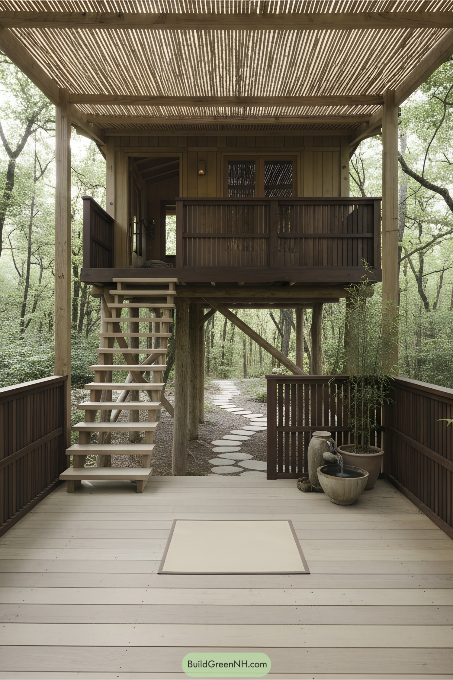 Rustic cabin on stilts with shaded porch and garden path
