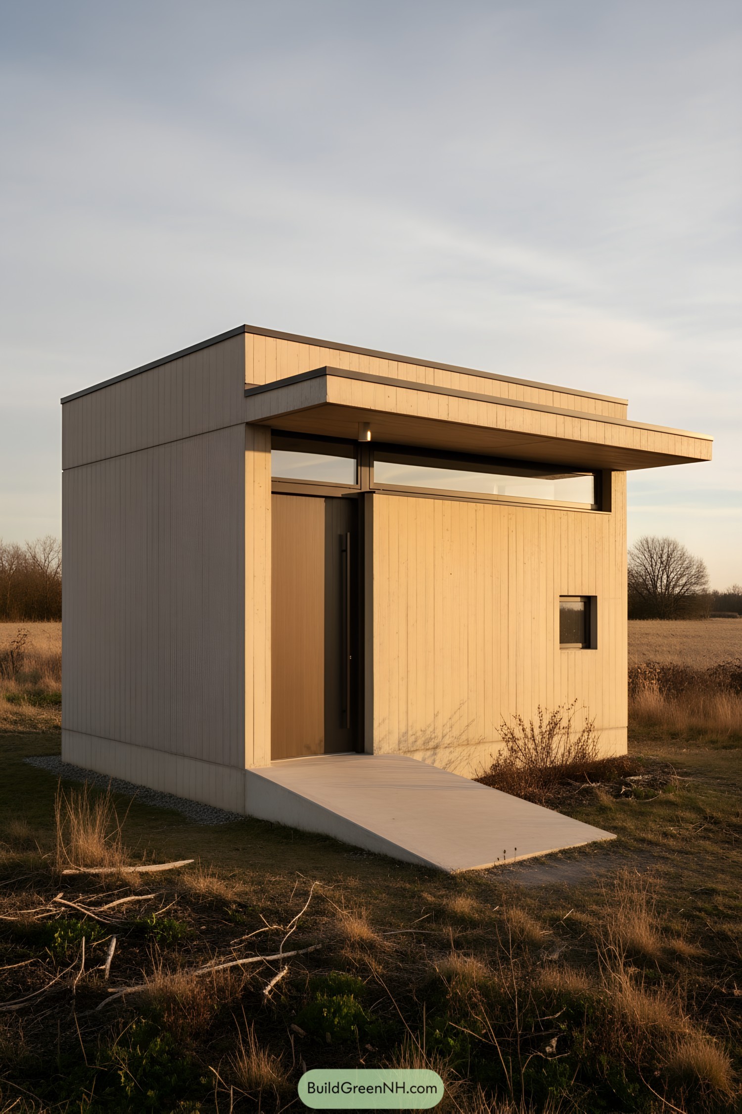 Small concrete micro-home with extended eave and clerestory window