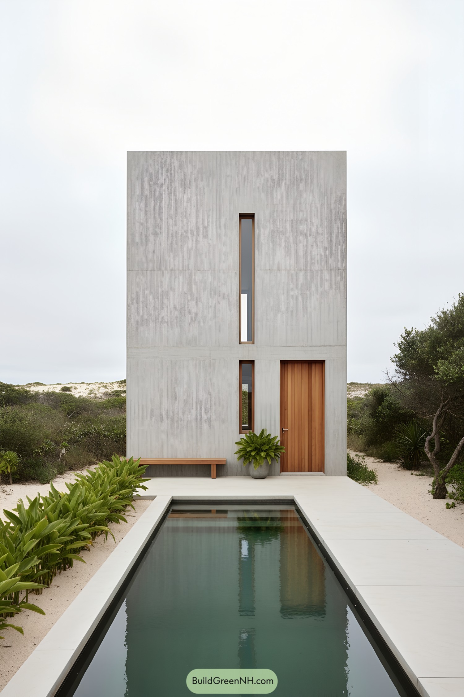 Tall concrete micro-house with slender windows and a lap pool
