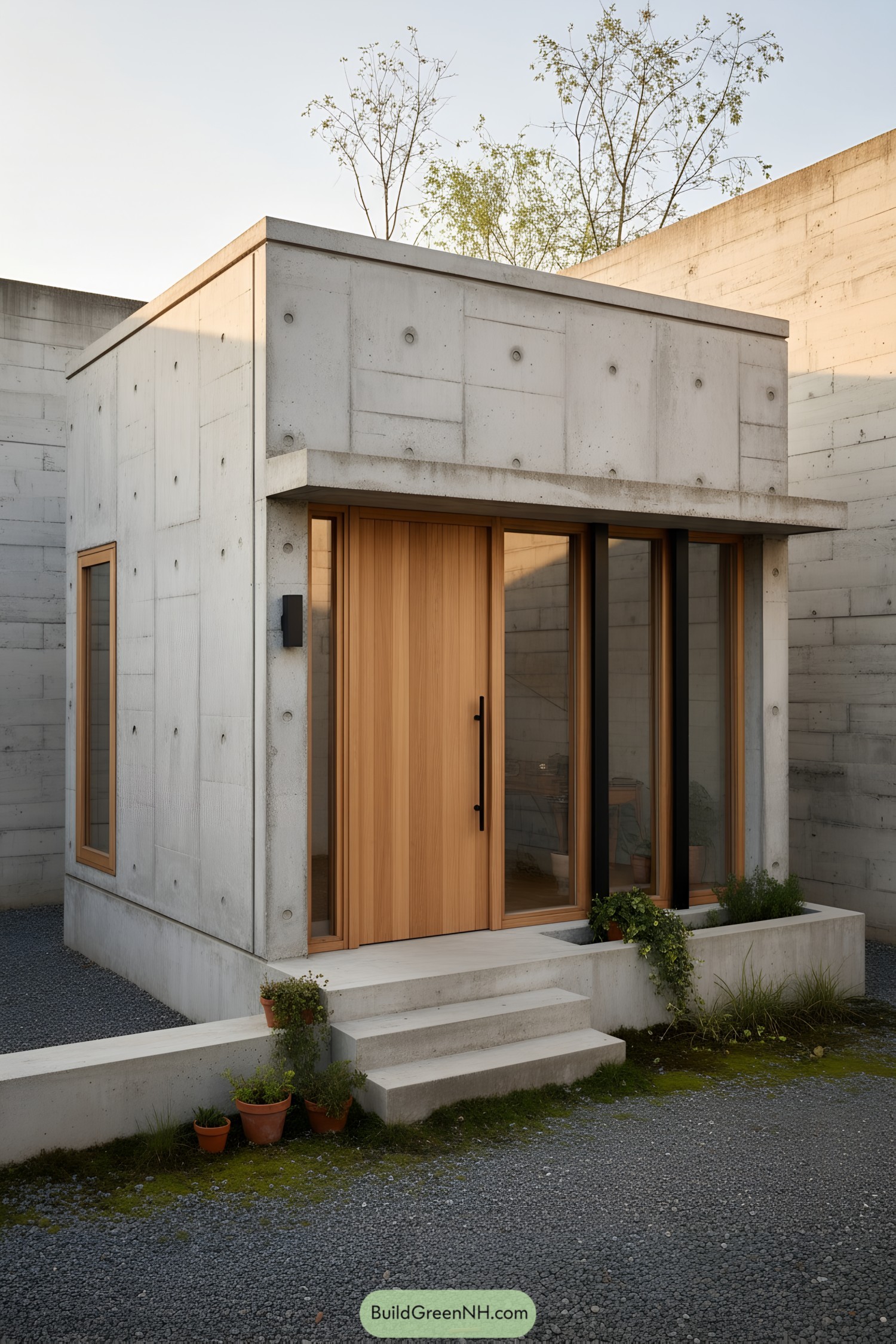 Compact concrete micro-home with wood accents and tall windows