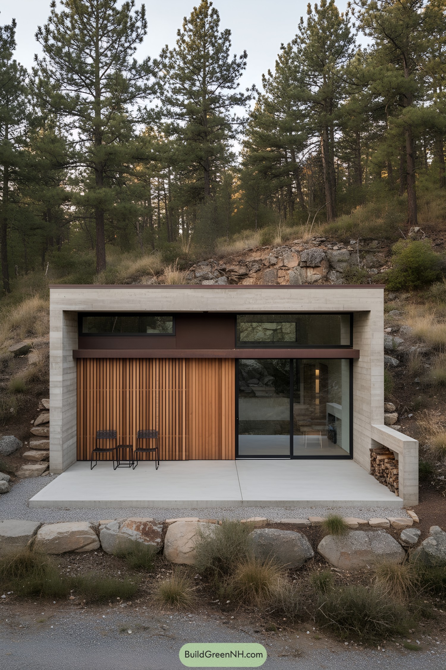 Small concrete cabin with wood slat screen and large sliding glass door nestled into a rocky hillside
