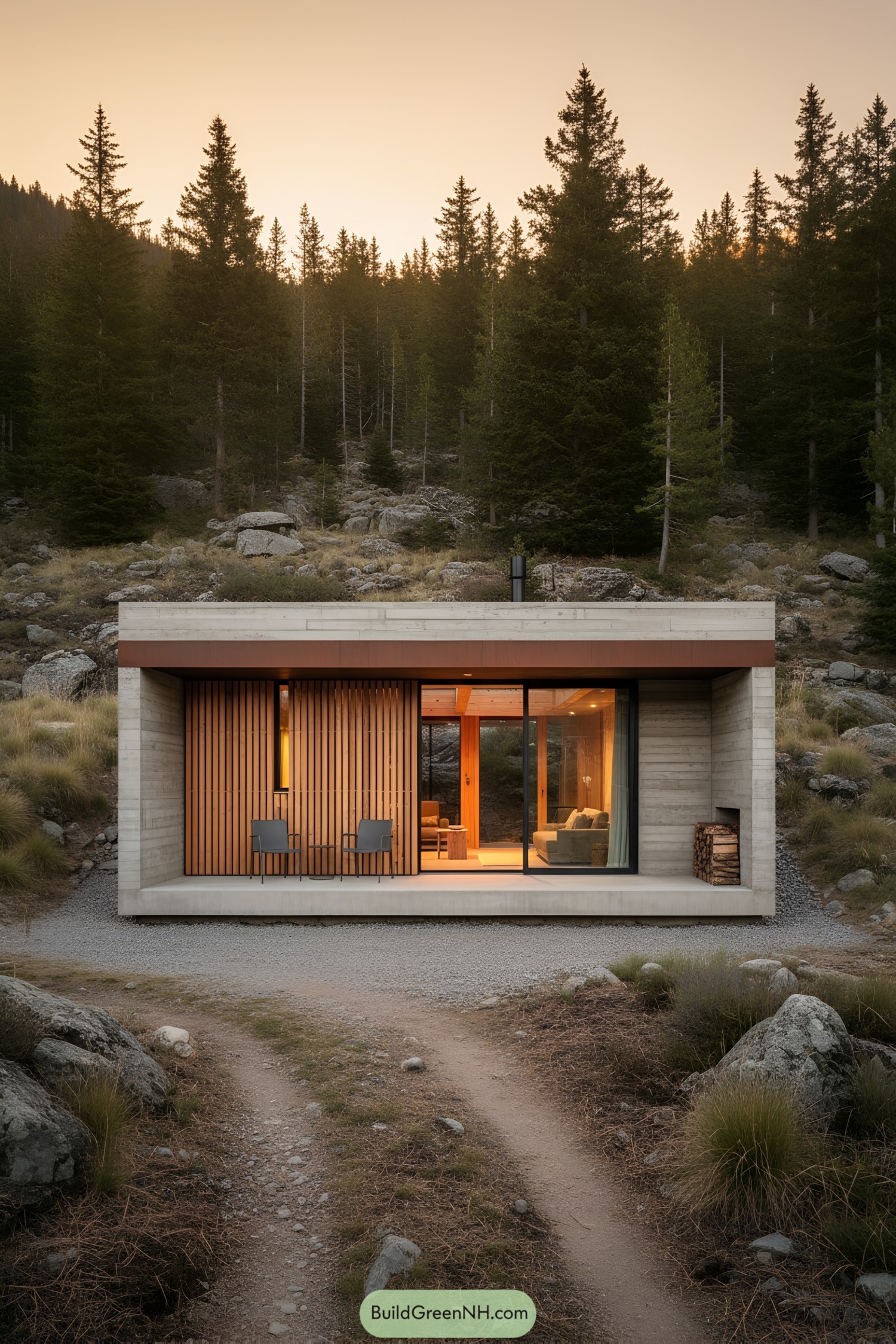 Small concrete cabin with wood slat screen and large glass opening in a pine forest