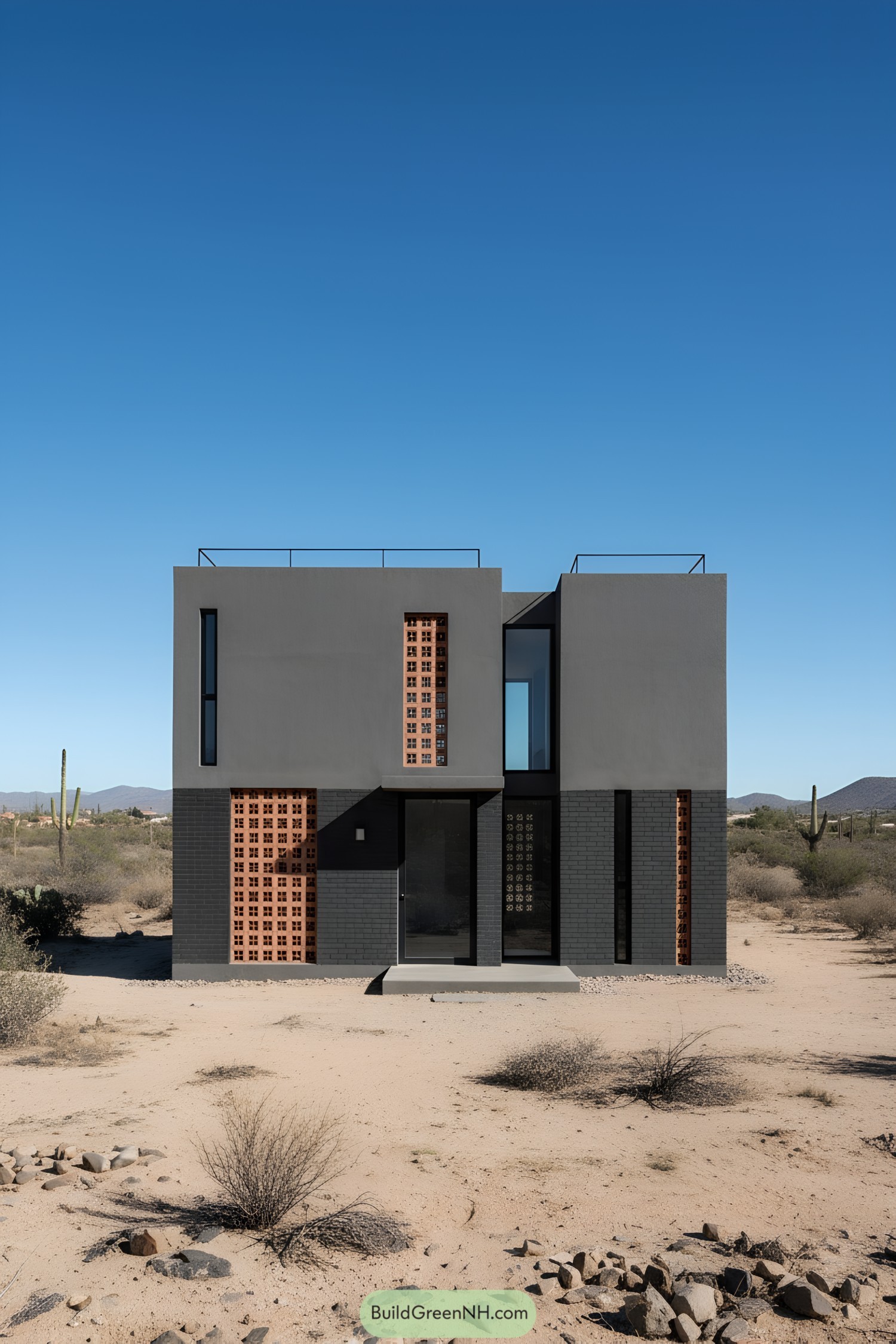 Compact gray concrete house with terracotta breeze-block panels in a desert setting