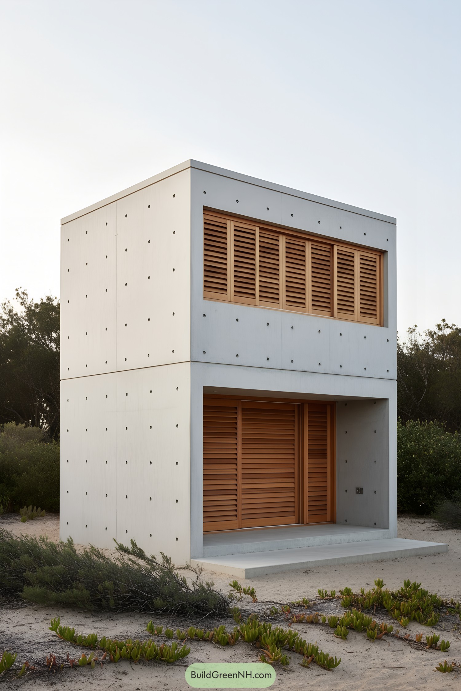 Two-story concrete microhouse with wood louvered screens