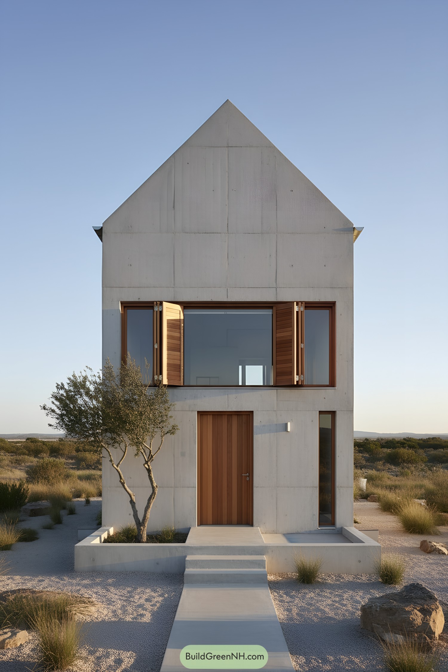 Compact concrete house with wood accents and gabled roof in a desert landscape