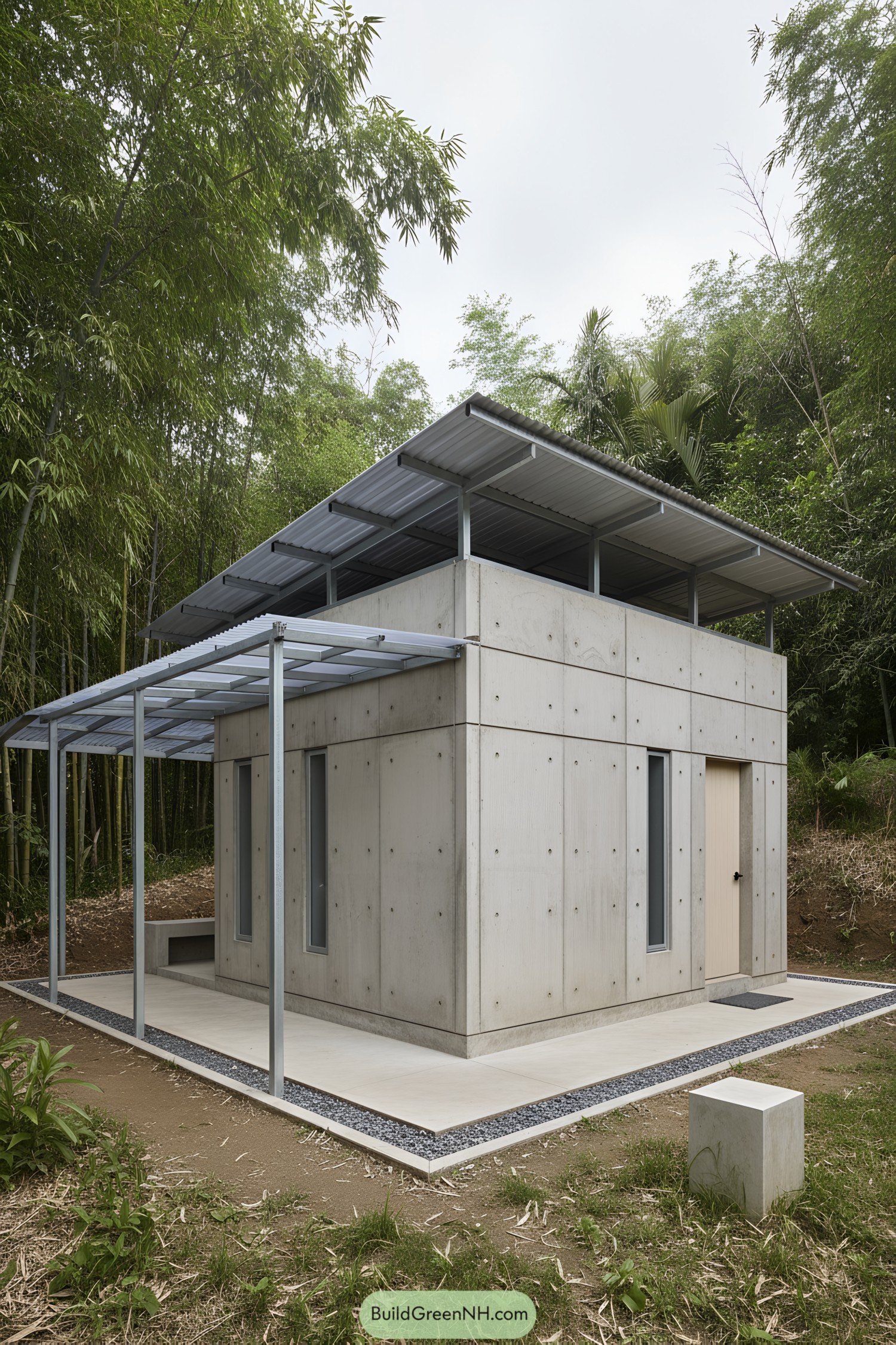 Small concrete micro-house with layered metal roofs and slim windows