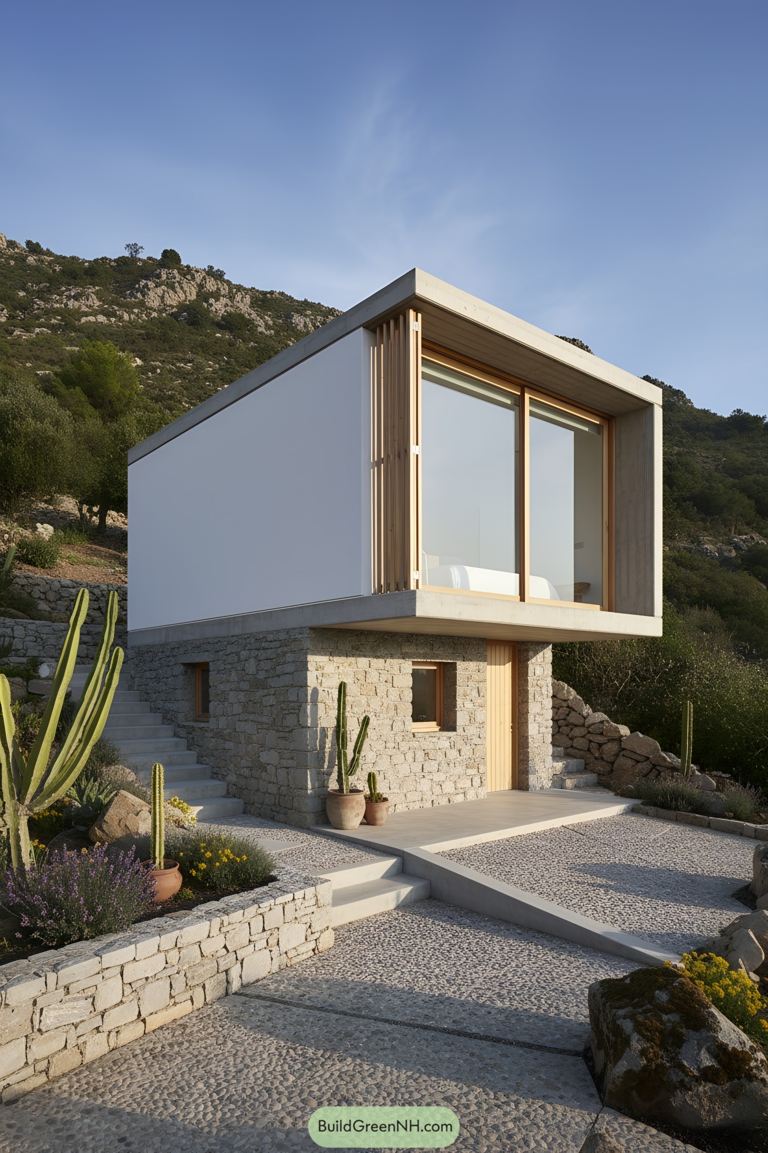 Compact stone-and-concrete house with large glazed upper level on a terraced hillside