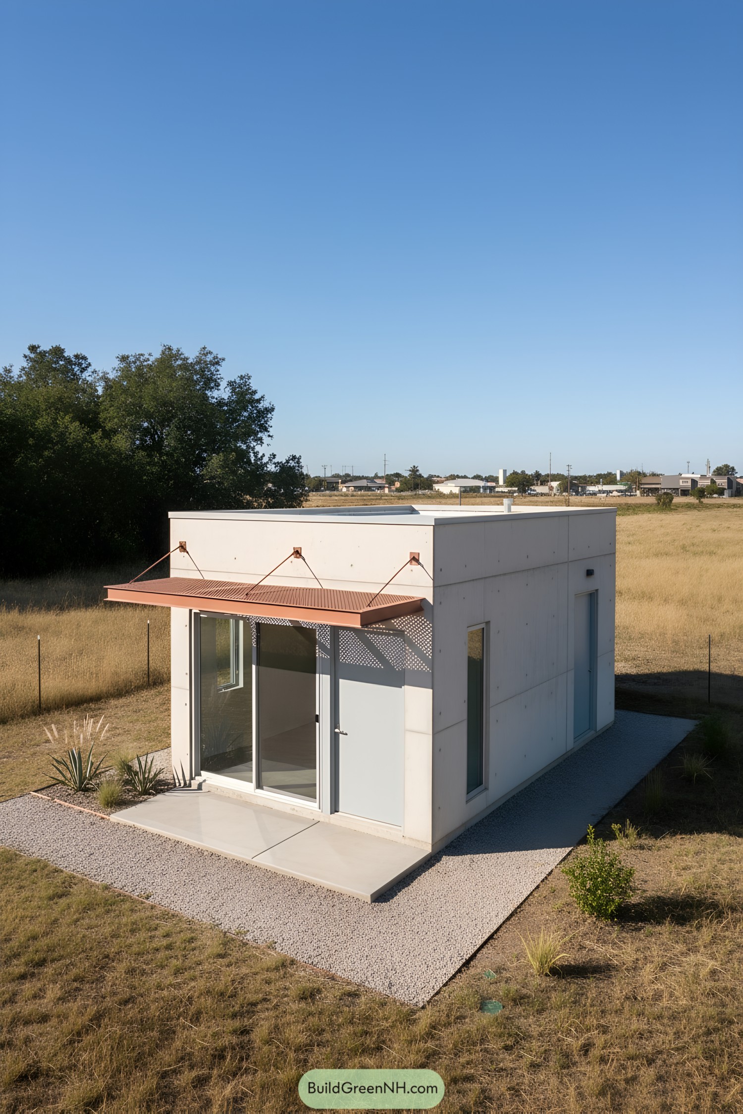Tiny concrete house with cantilevered metal awning